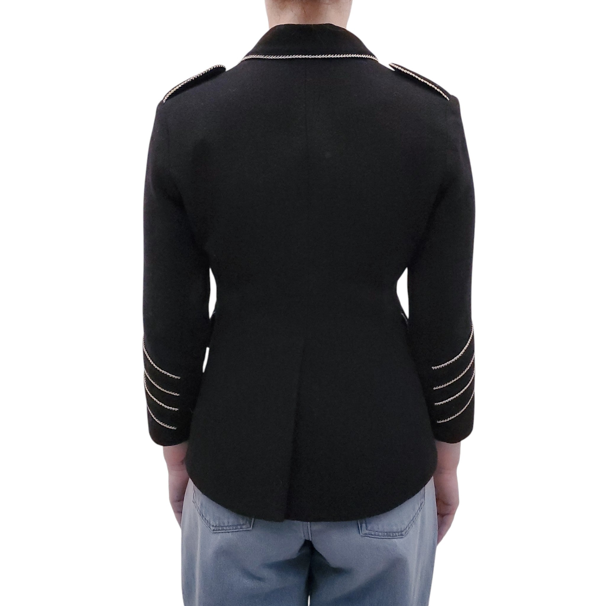 SMYTHE BLACK WOOL JACKET WITH GOLD PIPING DETAIL - SIZE 4