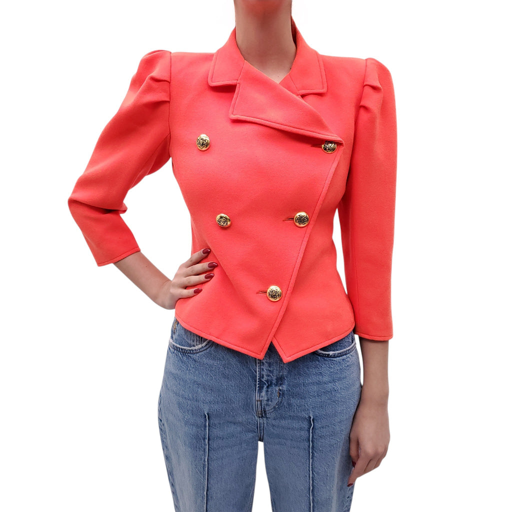 SMYTHE NEON CORAL JACKET WITH PLEATED PUFF SLEEVES - SIZE 2
