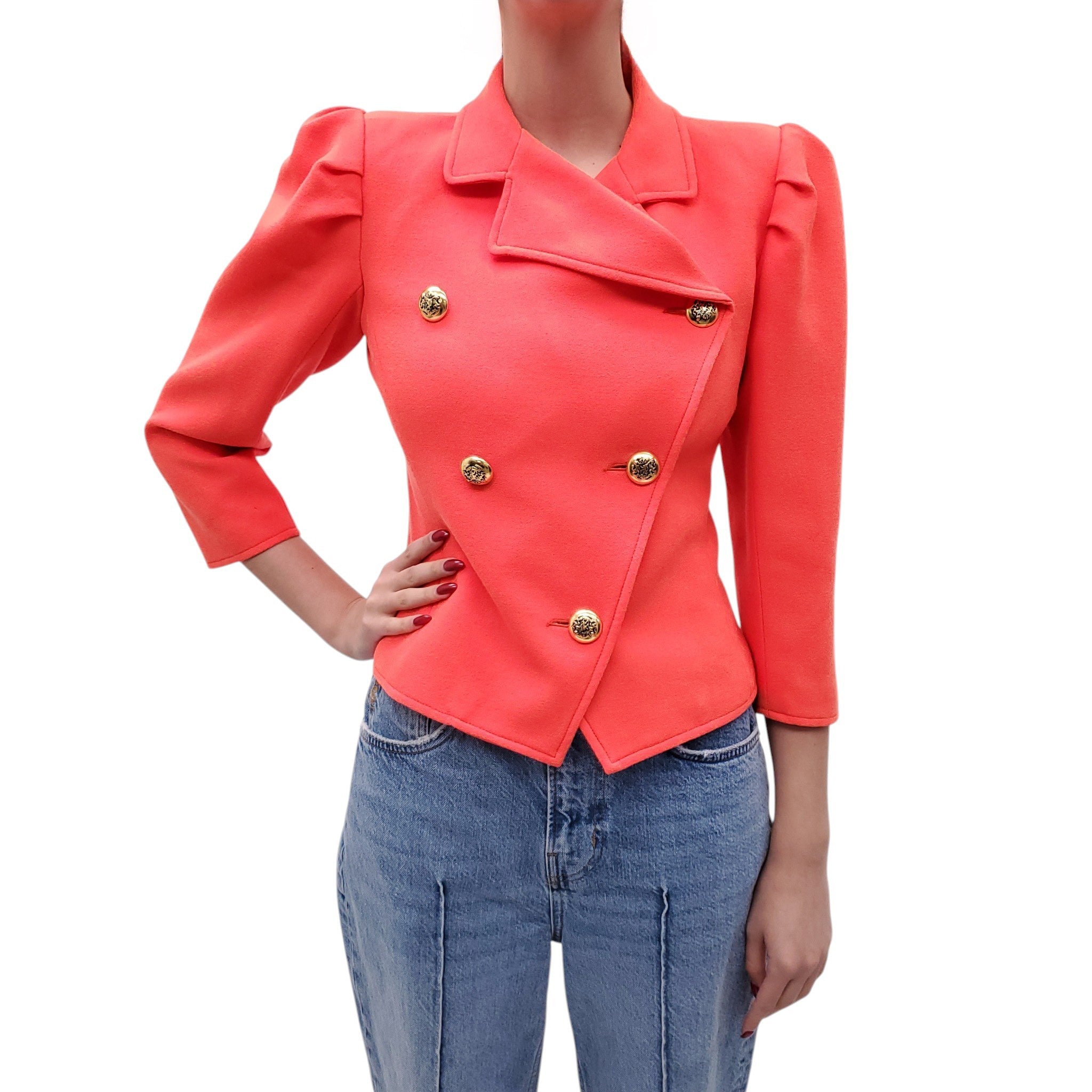 SMYTHE NEON CORAL JACKET WITH PLEATED PUFF SLEEVES - SIZE 2