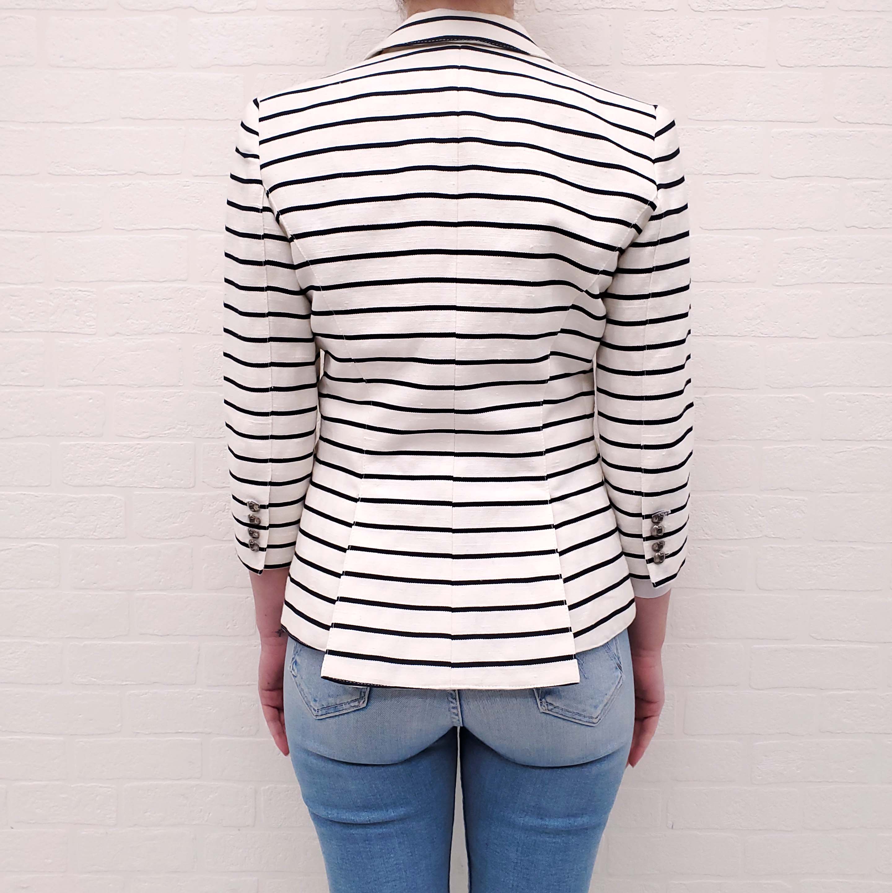 SMYTHE WHITE AND BLACK STRIPED LINEN AND COTTON BLAZER 3/4 SLEEVE - SIZE 4