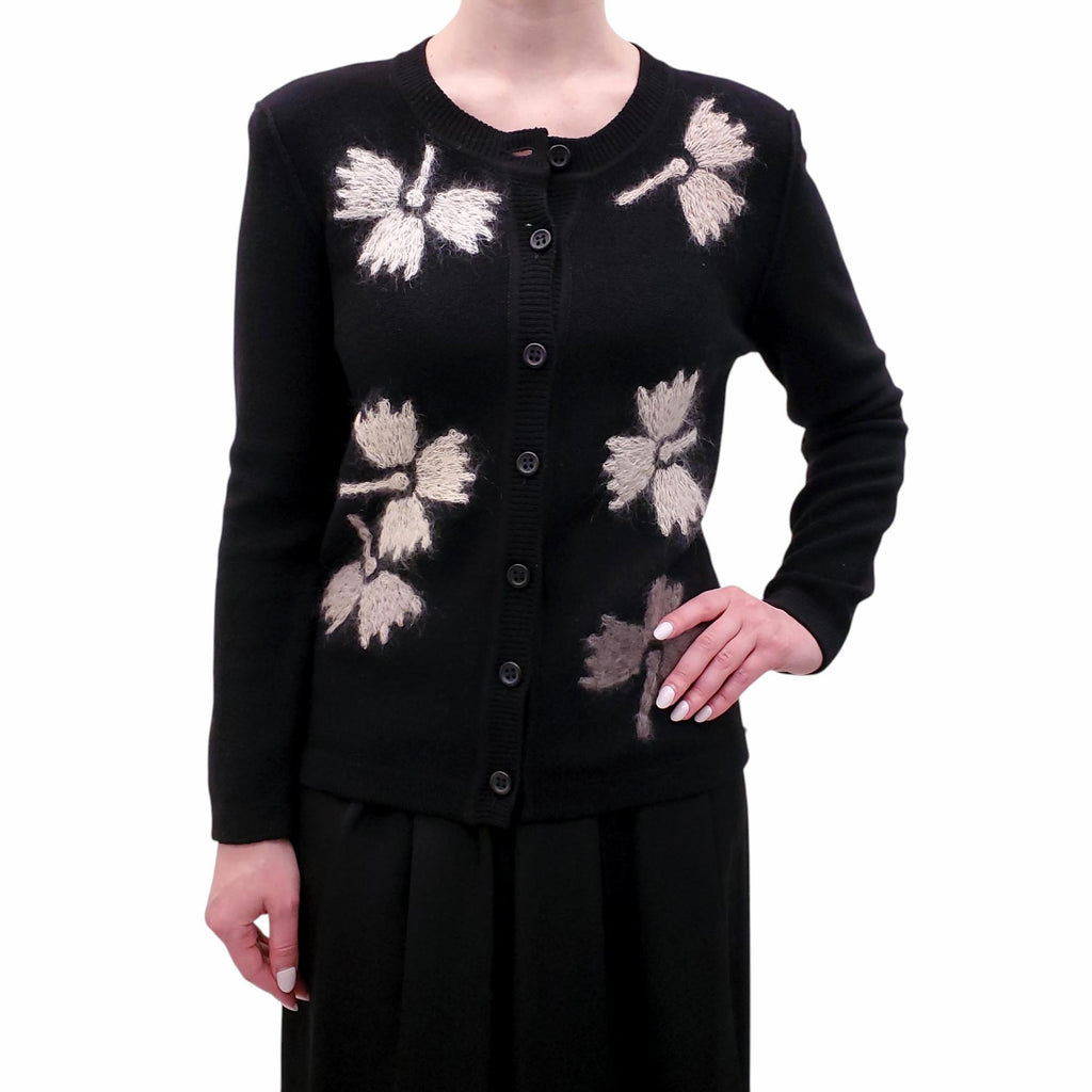 SONIA RYKIEL BLACK KNIT CARDIGAN WITH EMBROIDERED FLORAL DETAILS - SIZE M