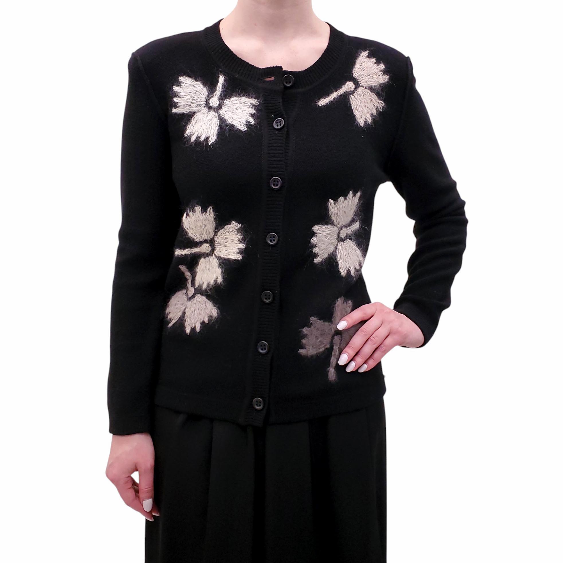 SONIA RYKIEL BLACK KNIT CARDIGAN WITH EMBROIDERED FLORAL DETAILS - SIZE M
