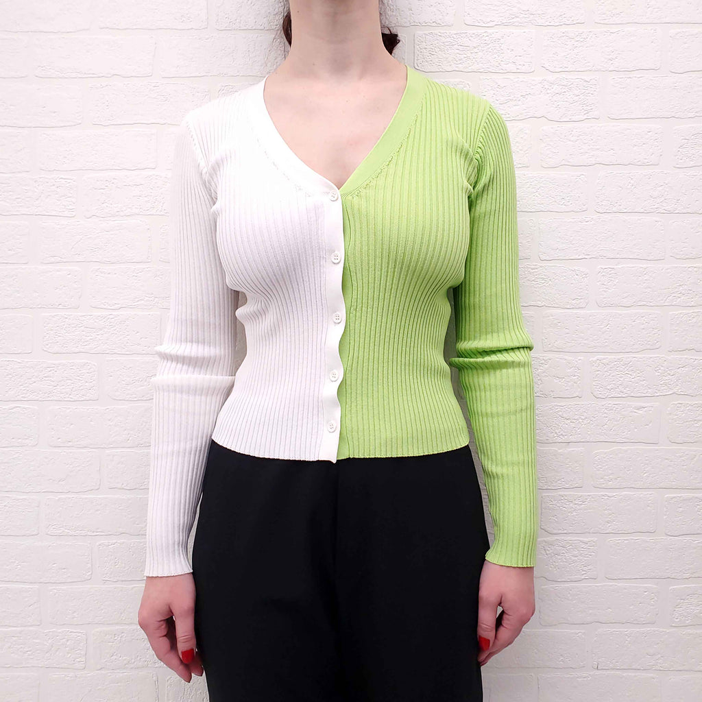 STAUD 2-TONE GREEN AND CREAM CARDIGAN - SIZE XS