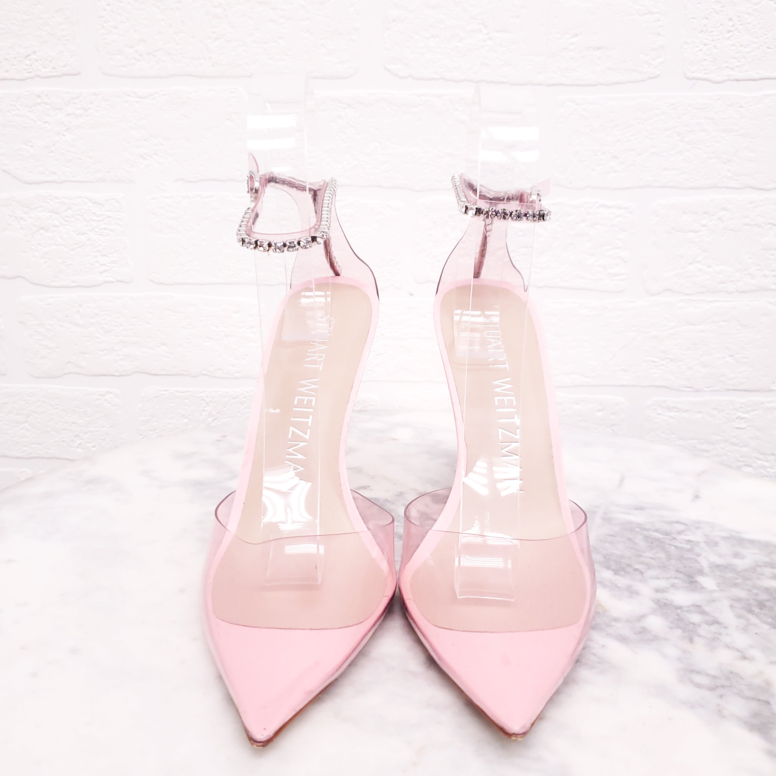 STUART WEITZMAN PINK PVC CRYSTAL 'GLAM 100' HEELS - SIZE 6.5B