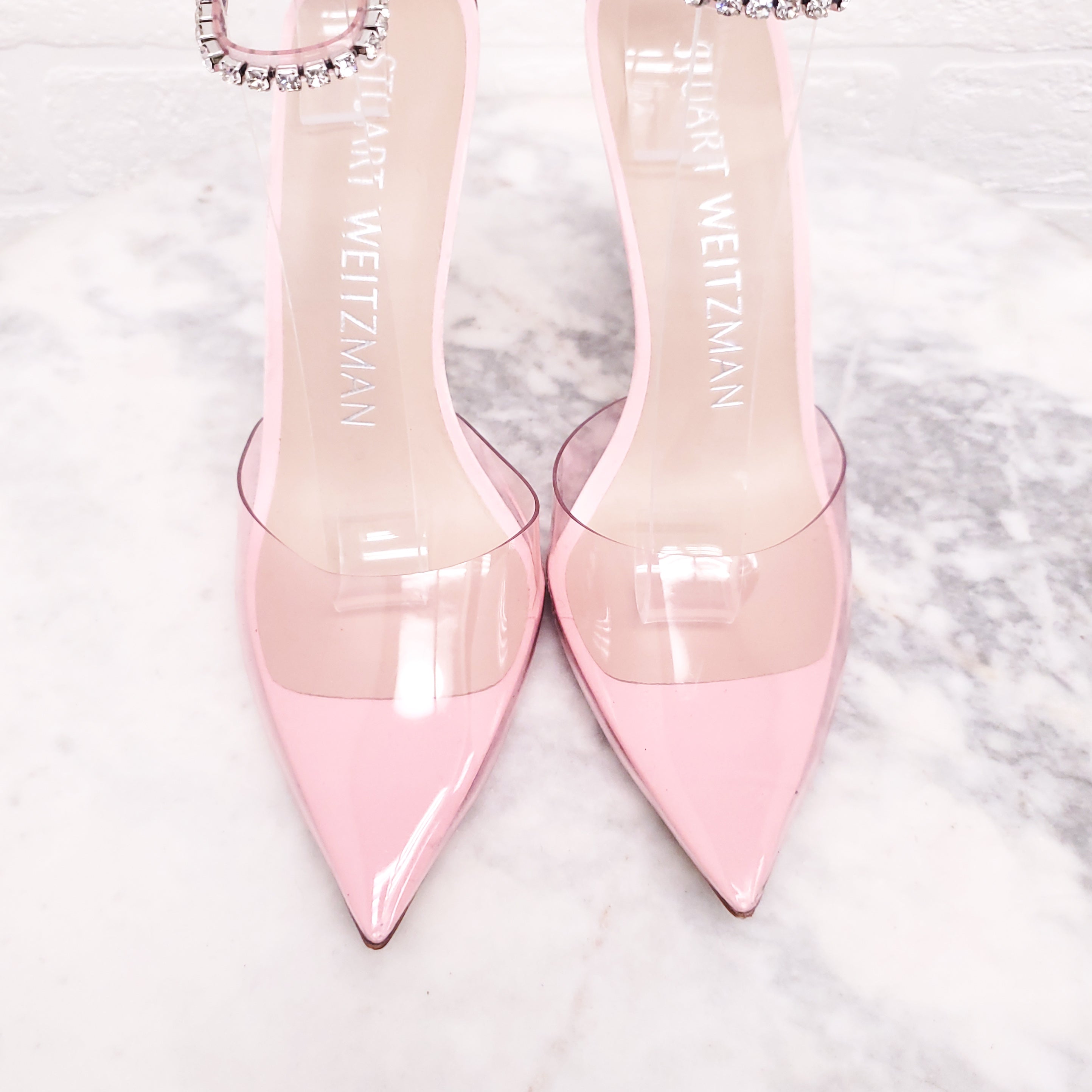 STUART WEITZMAN PINK PVC CRYSTAL 'GLAM 100' HEELS - SIZE 6.5B