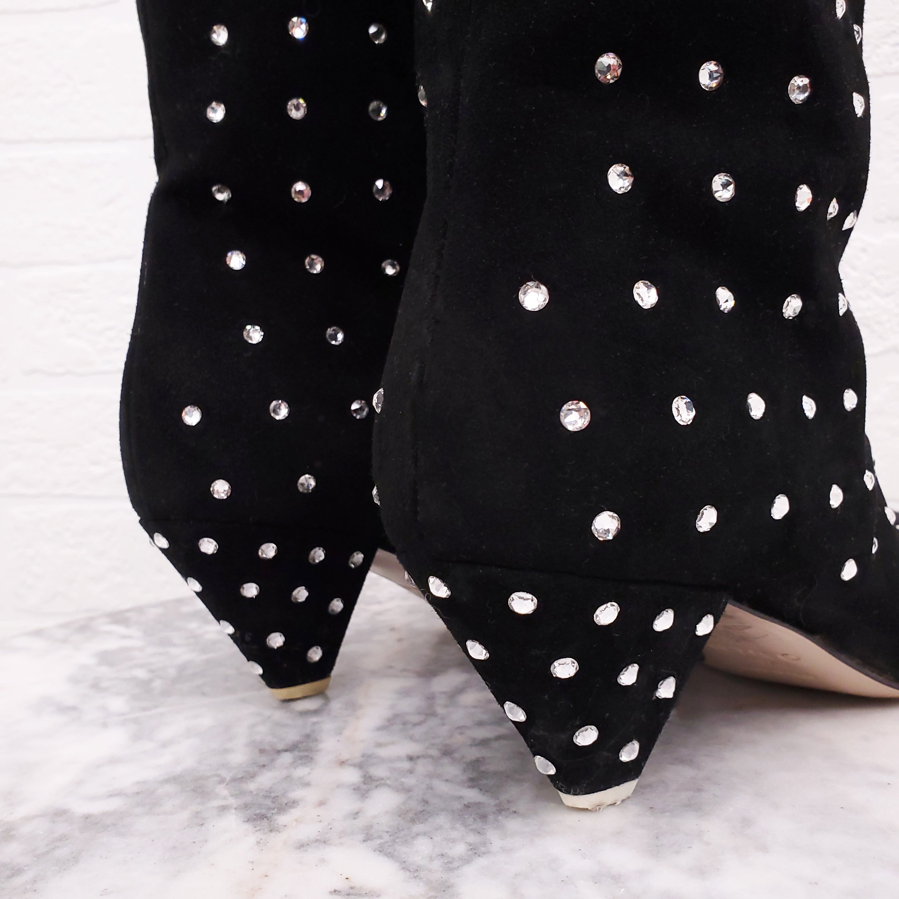 THE ATTICO BLACK SUEDE SWAROVSKI EMBELLISHED 'SOFIA' BOOTIES - SIZE 37