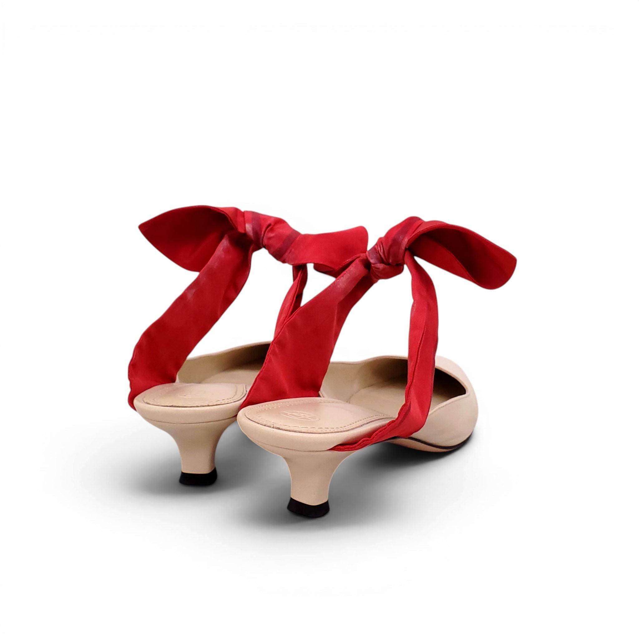 THE ROW NUDE KITTEN HEELS WITH RED BOW - SIZE 38