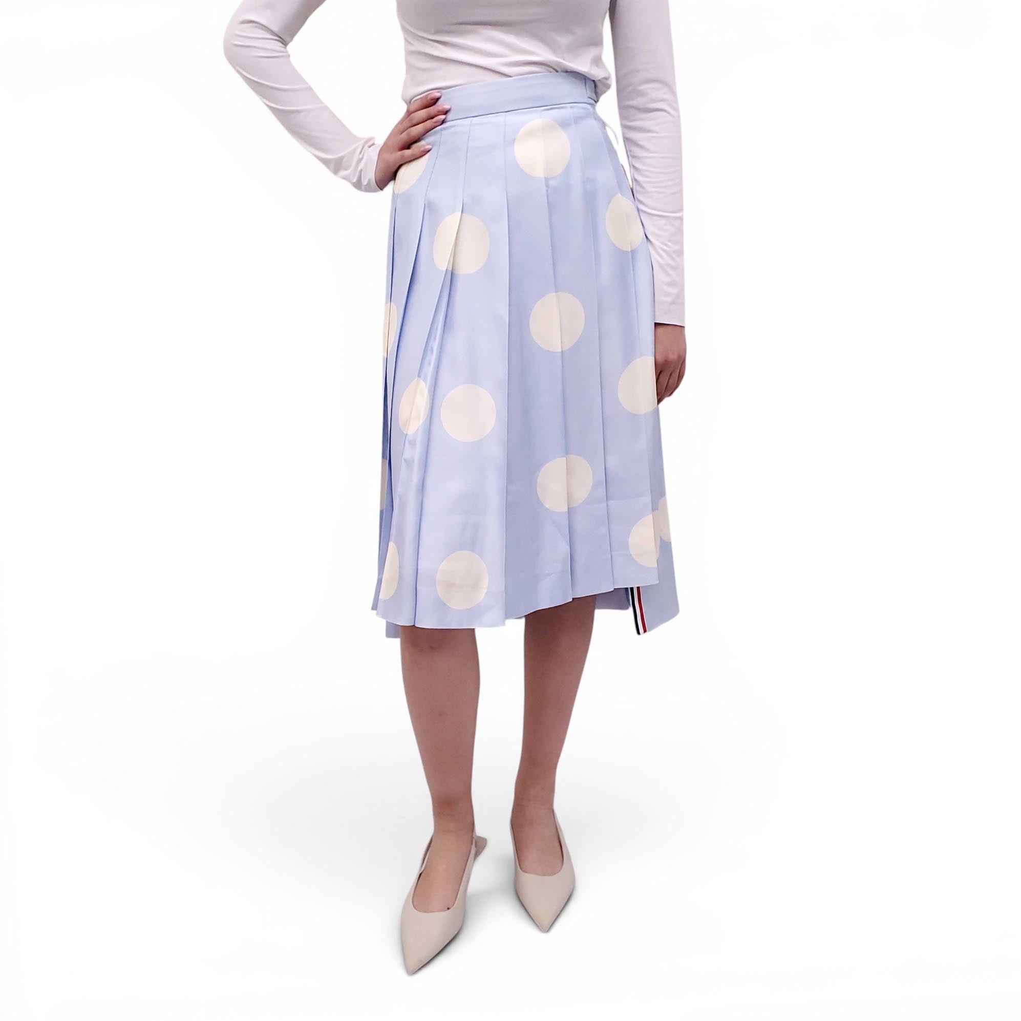 THOM BROWNE LIGHT BLUE POLKA DOT PLEATED SILK SKIRT - SIZE 38