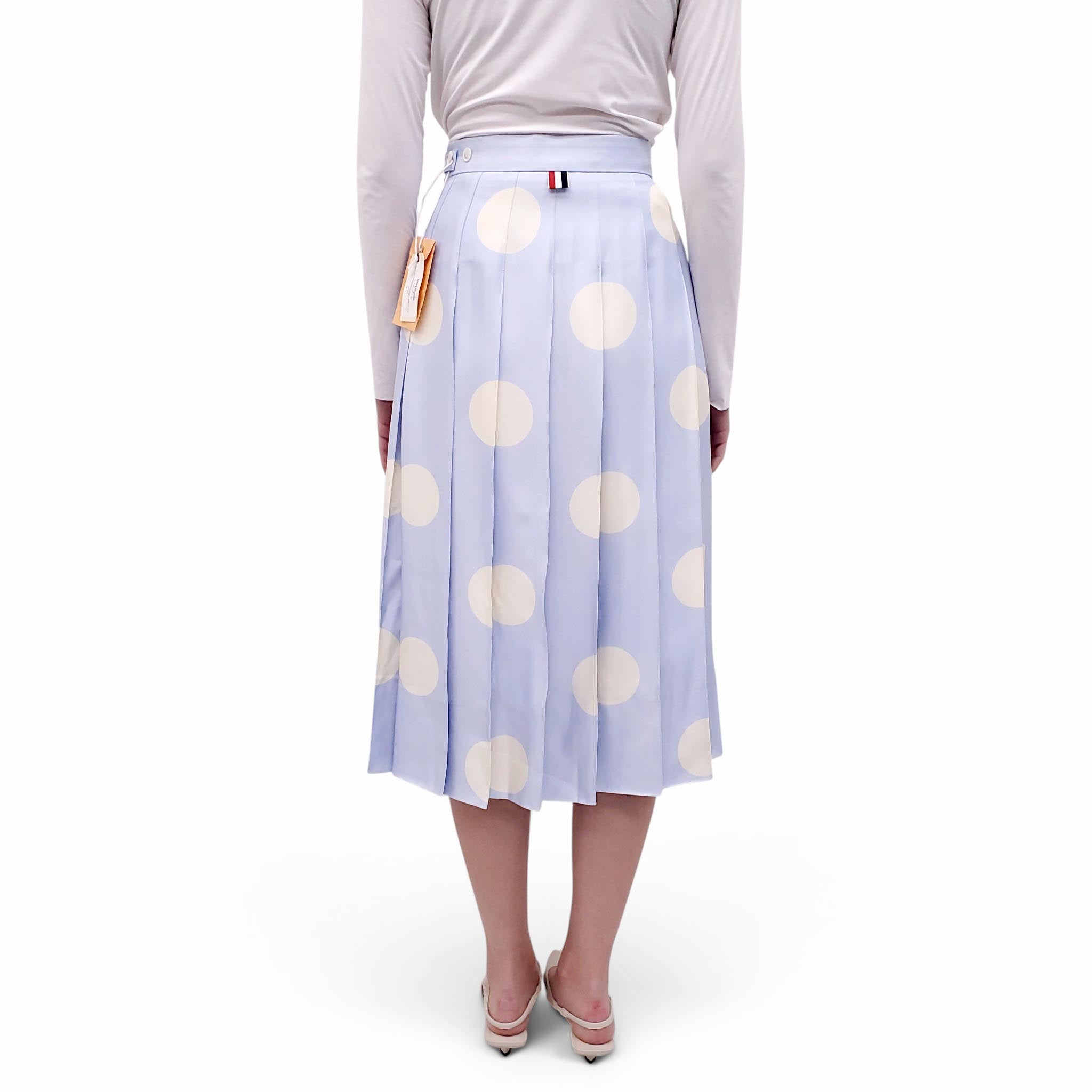 THOM BROWNE LIGHT BLUE POLKA DOT PLEATED SILK SKIRT - SIZE 38