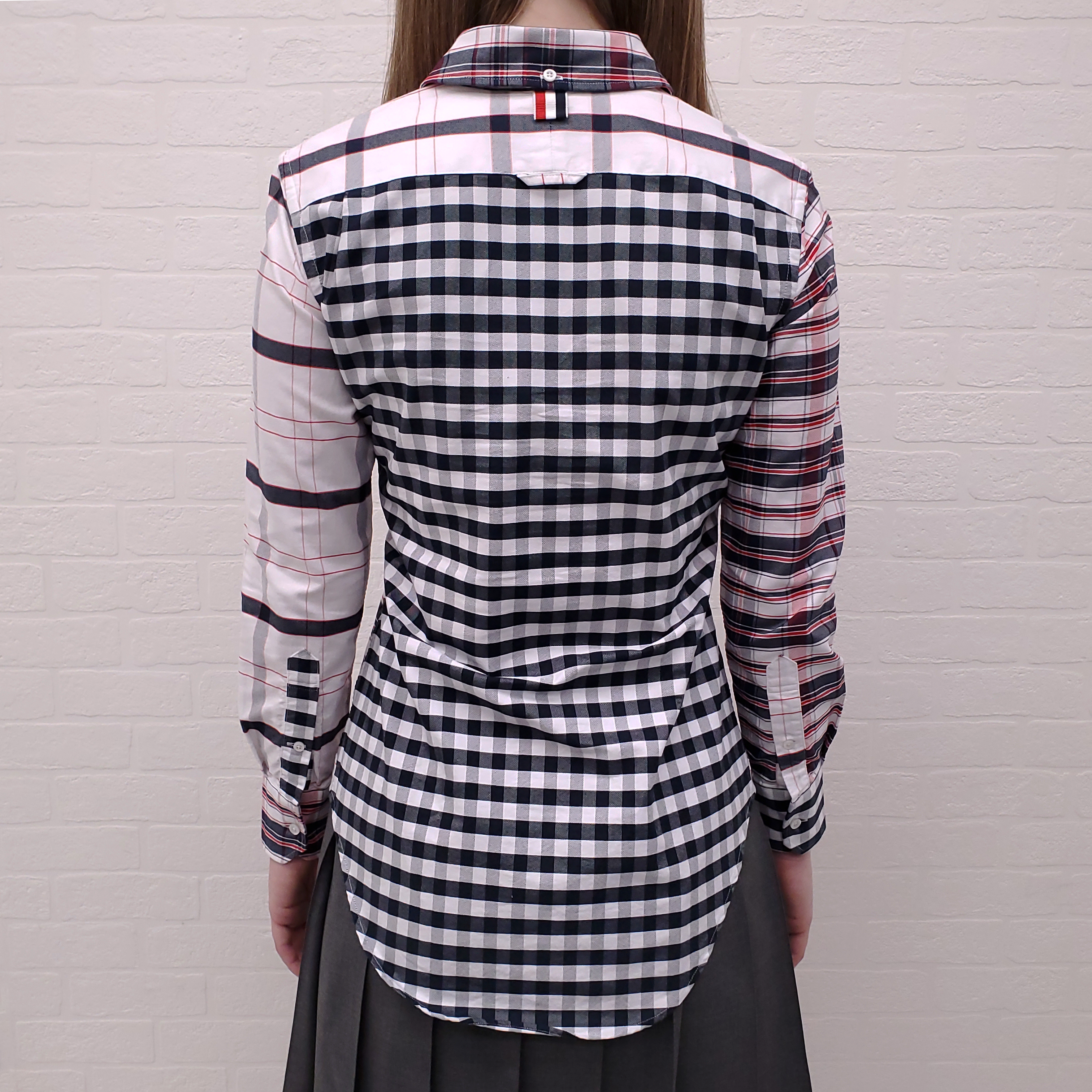 THOM BROWNE MULTI-PLAID ROUND COLLAR BUTTON UP SHIRT - SIZE 38
