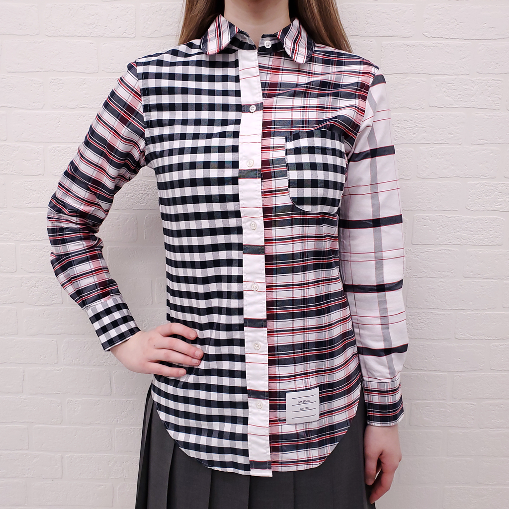 THOM BROWNE MULTI-PLAID ROUND COLLAR BUTTON UP SHIRT - SIZE 38