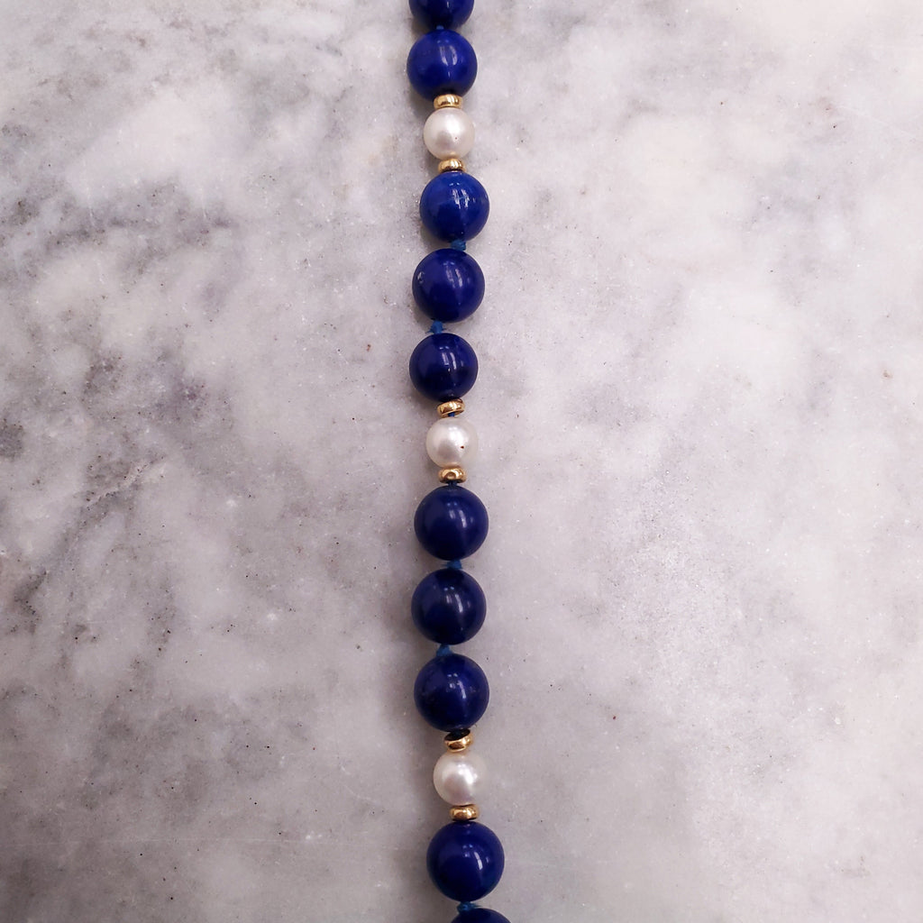 TIFFANY & CO 14K GOLD LAPIS LAZULI AND CULTURED PEARL NECKLACE