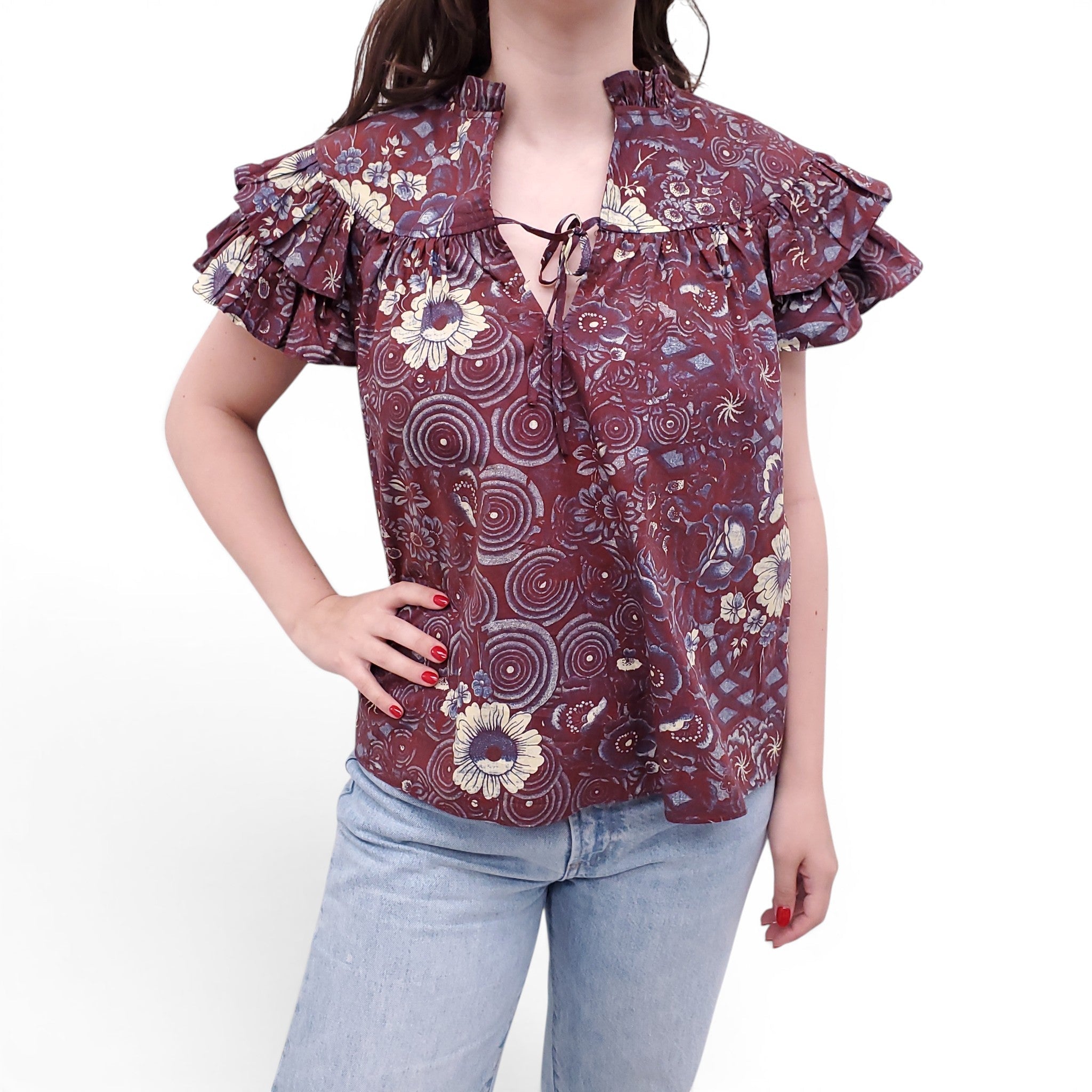 ULLA JOHNSON BURGUNDY FLORAL COTTON BLOUSE - SIZE 10