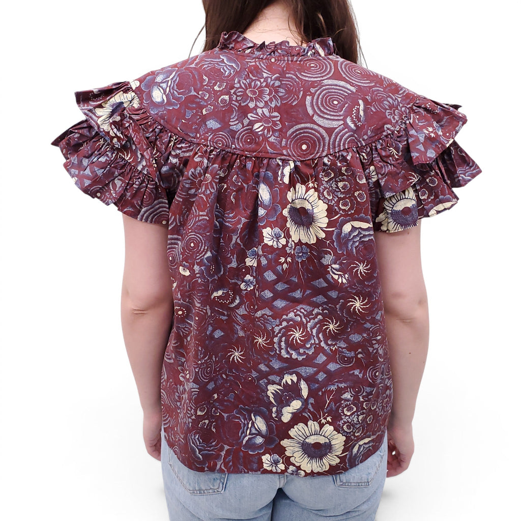 ULLA JOHNSON BURGUNDY FLORAL COTTON BLOUSE - SIZE 10