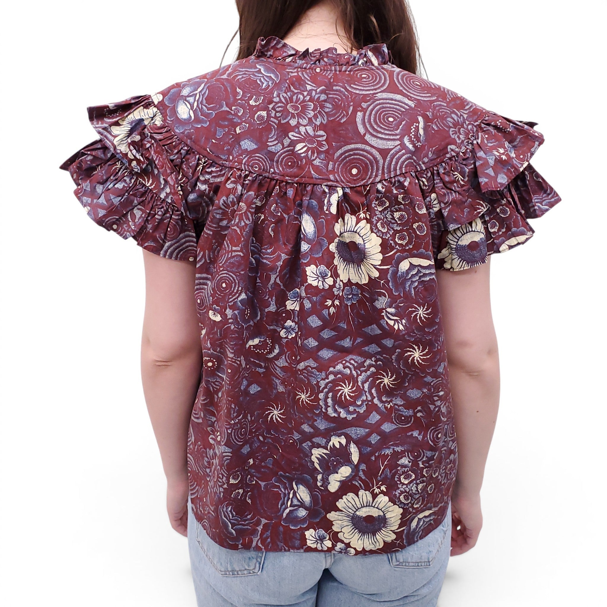 ULLA JOHNSON BURGUNDY FLORAL COTTON BLOUSE - SIZE 10
