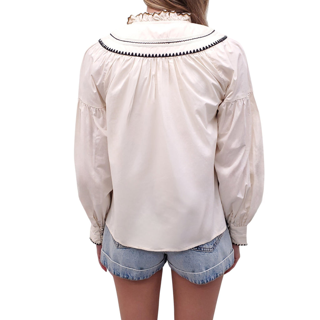 ULLA JOHNSON CREAM 'LENNIE' GATHERED EMBROIDERED POPLIN BLOUSE - SIZE 8