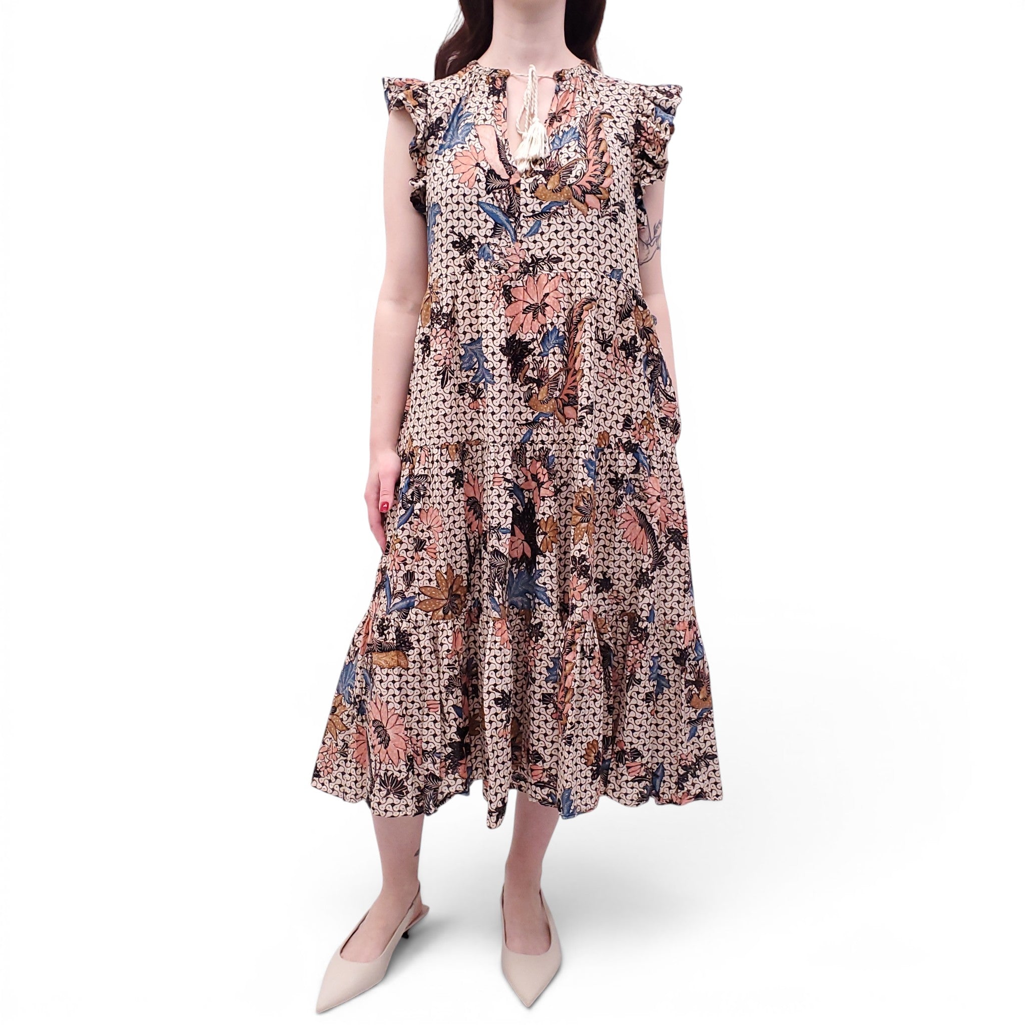ULLA JOHNSON PAISLEY PRINT DRESS WITH RUFFLE SLEEVE DETAIL - SIZE M