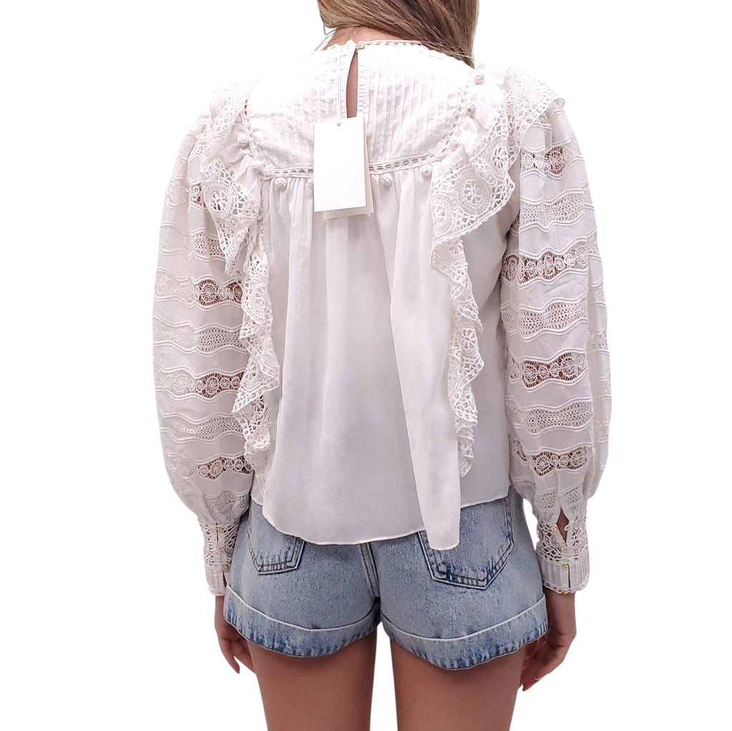 ULLA JOHNSON 'LILY' RUFFLED CROCHET-TRIMMED BLOUSE - SIZE 00