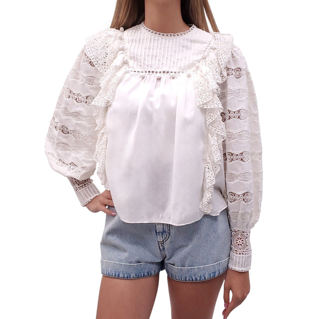ULLA JOHNSON 'LILY' RUFFLED CROCHET-TRIMMED BLOUSE - SIZE 00