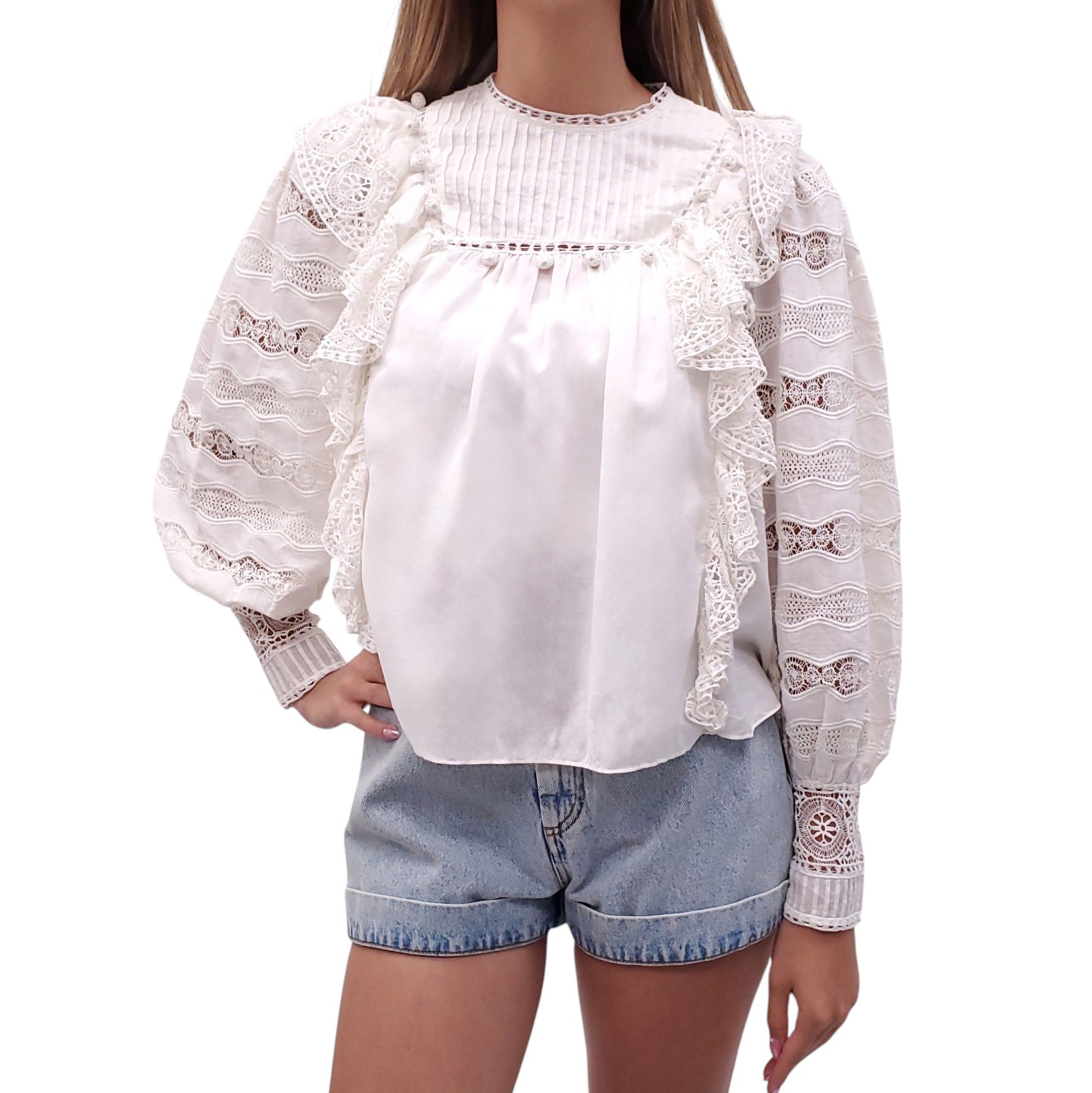 ULLA JOHNSON 'LILY' RUFFLED CROCHET-TRIMMED BLOUSE - SIZE 00