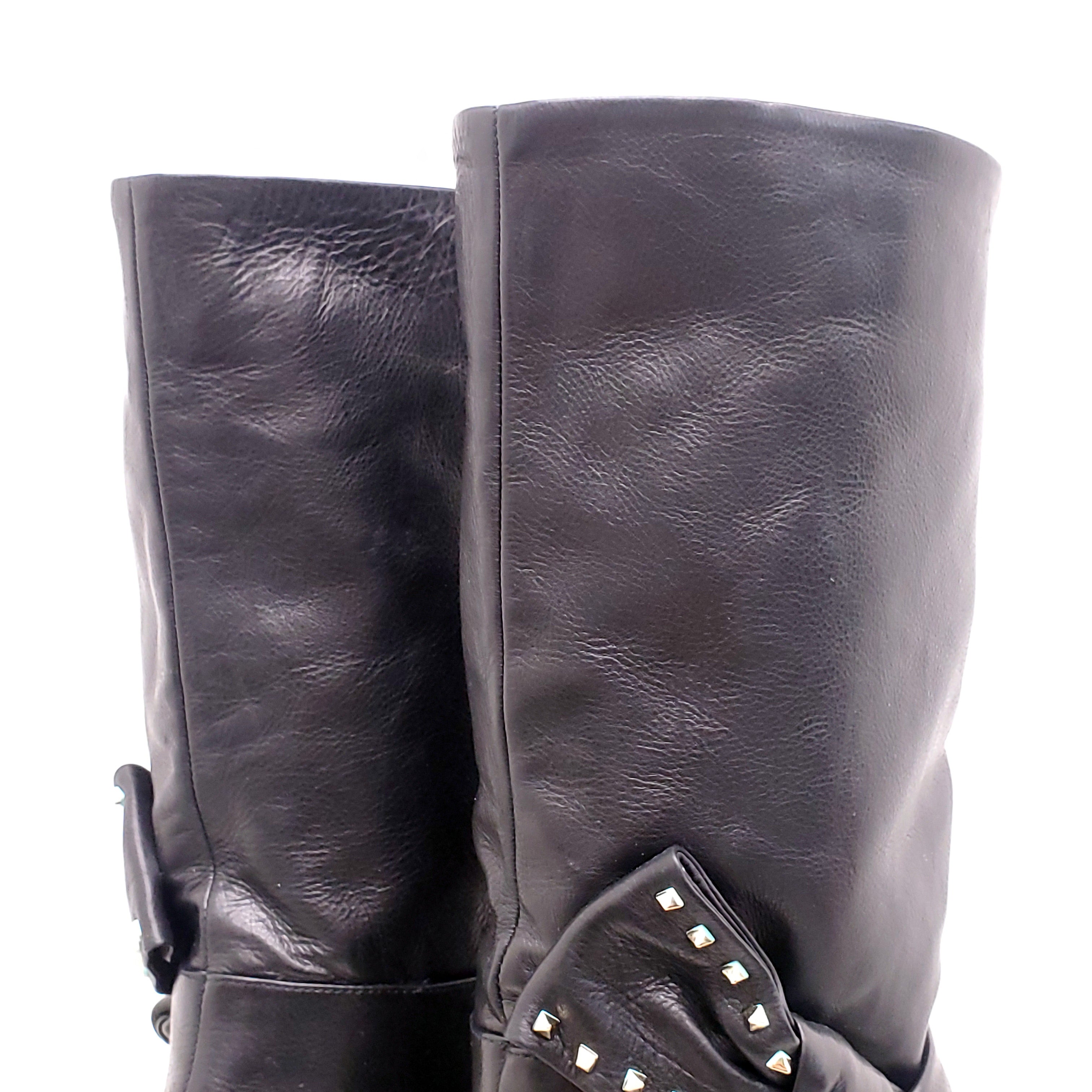 VALENTINO BLACK LEATHER BOOTS WITH ROCKSTUD BOW DETAIL - SIZE 40