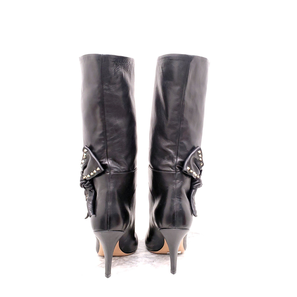 VALENTINO BLACK LEATHER BOOTS WITH ROCKSTUD BOW DETAIL - SIZE 40