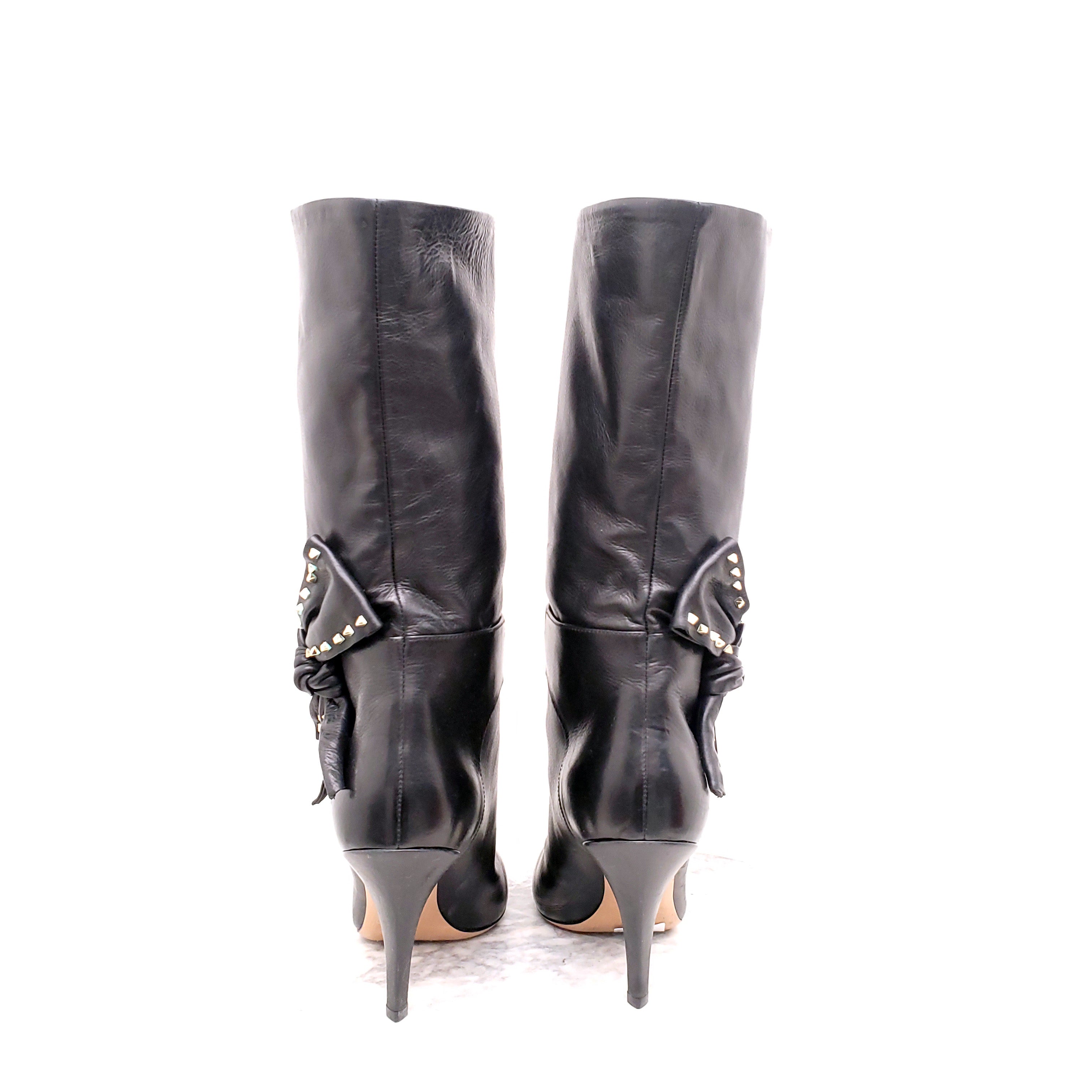 VALENTINO BLACK LEATHER BOOTS WITH ROCKSTUD BOW DETAIL - SIZE 40