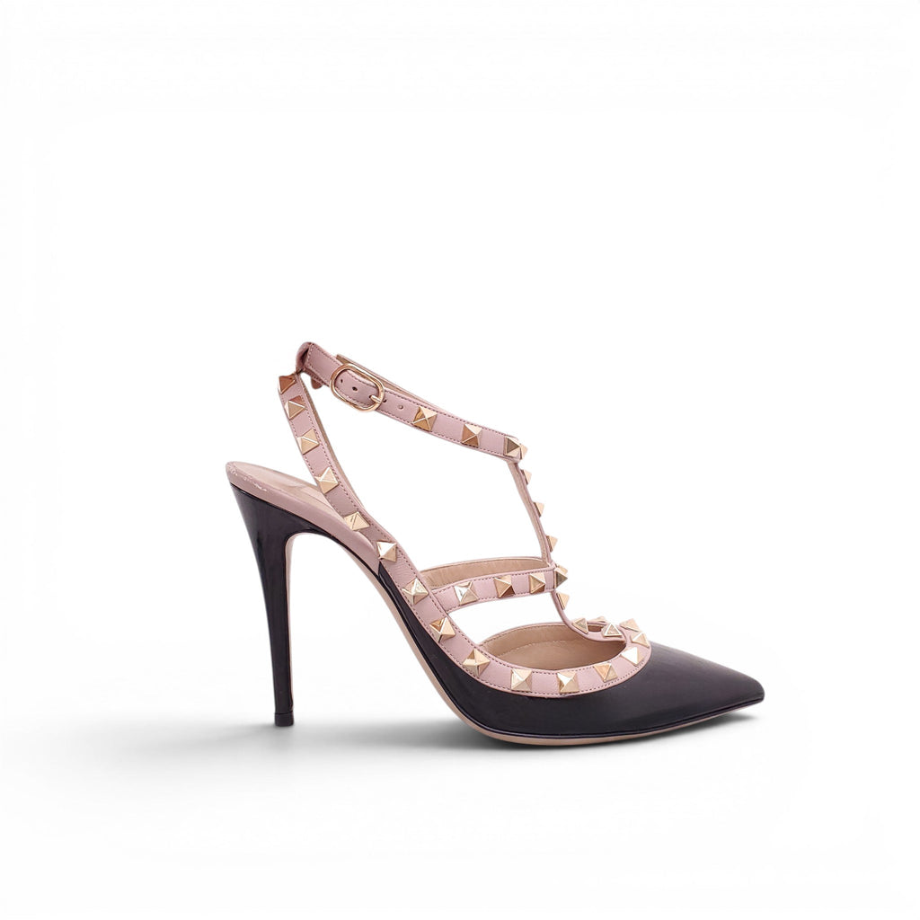 VALENTINO BLACK PATENT AND BLUSH PINK ROCKSTUD HEELS - SIZE 38