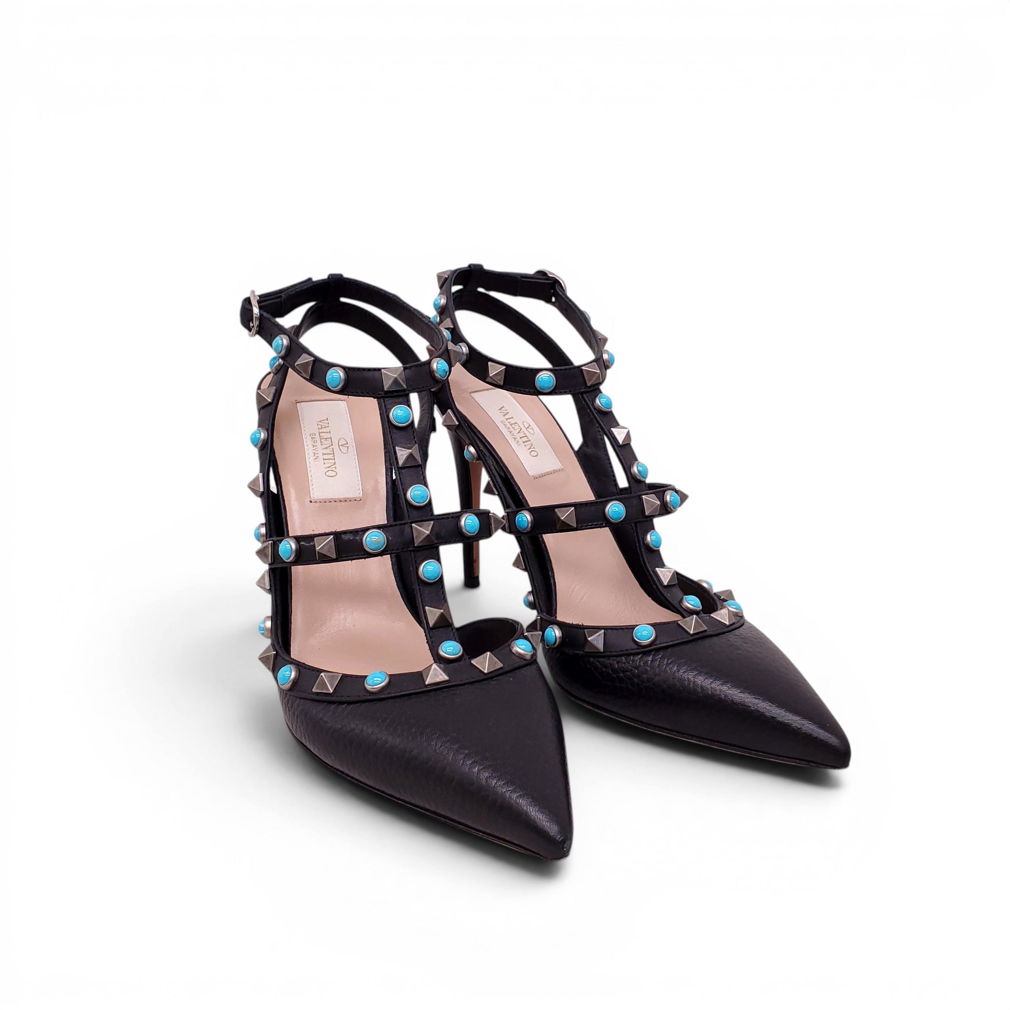 VALENTINO BLACK ROCKSTUD HEELS WITH TURQUOISE DETAIL - SIZE 38