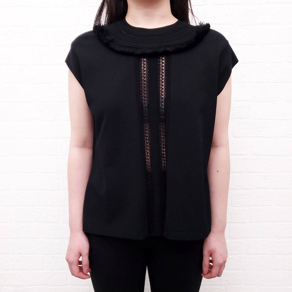VALENTINO BLACK SHORT SLEEVE SWEATER WITH LACE AND FRINGE DETAIL - SIZE XS