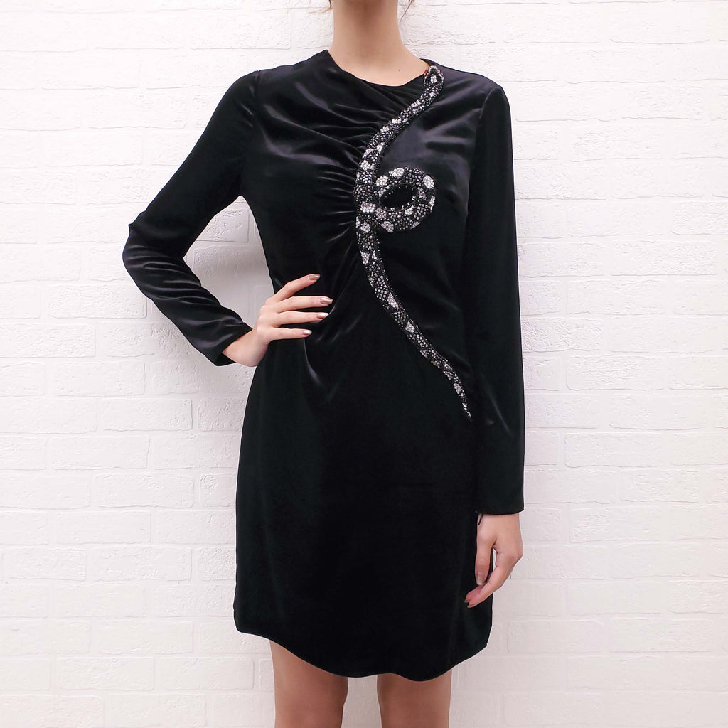 VALENTINO BLACK VELVET DRESS WITH CRYSTAL SNAKE DETAIL - SIZE 6