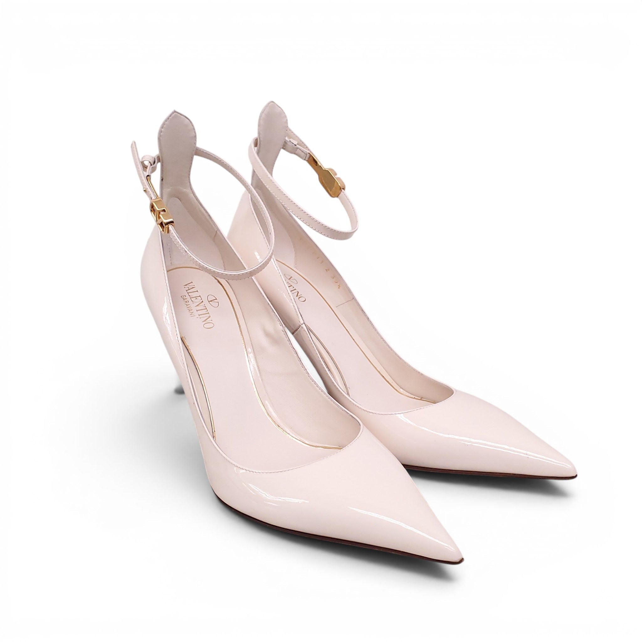 VALENTINO CREAM PATENT HEELS WITH ANKLE STRAP AND LOGO - SIZE 39.5
