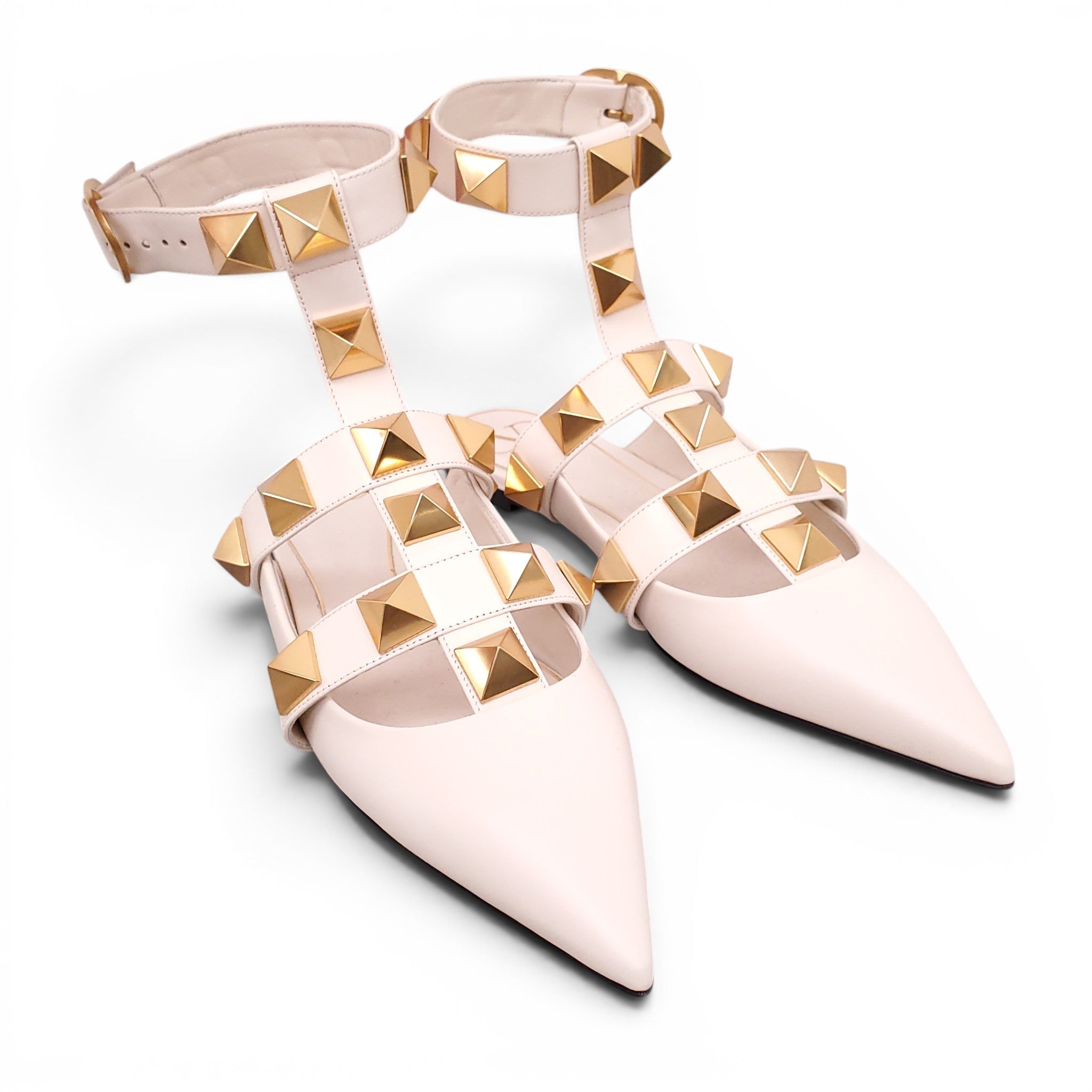 VALENTINO CREAM ROMAN ROCKSTUD FLATS WITH ANKLE STRAP - SIZE 39.5