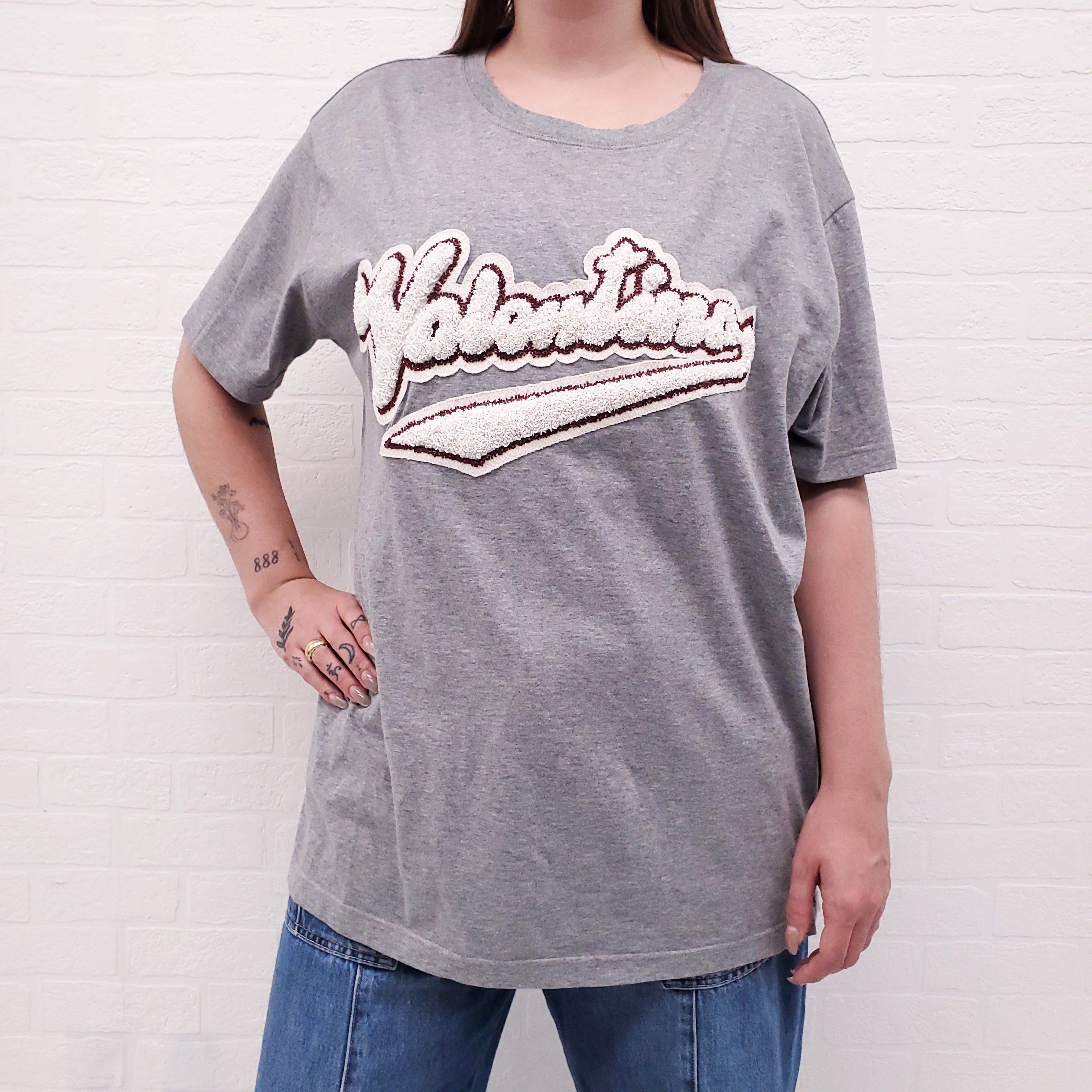 VALENTINO GREY BEADED LOGO T-SHIRT - SIZE XL