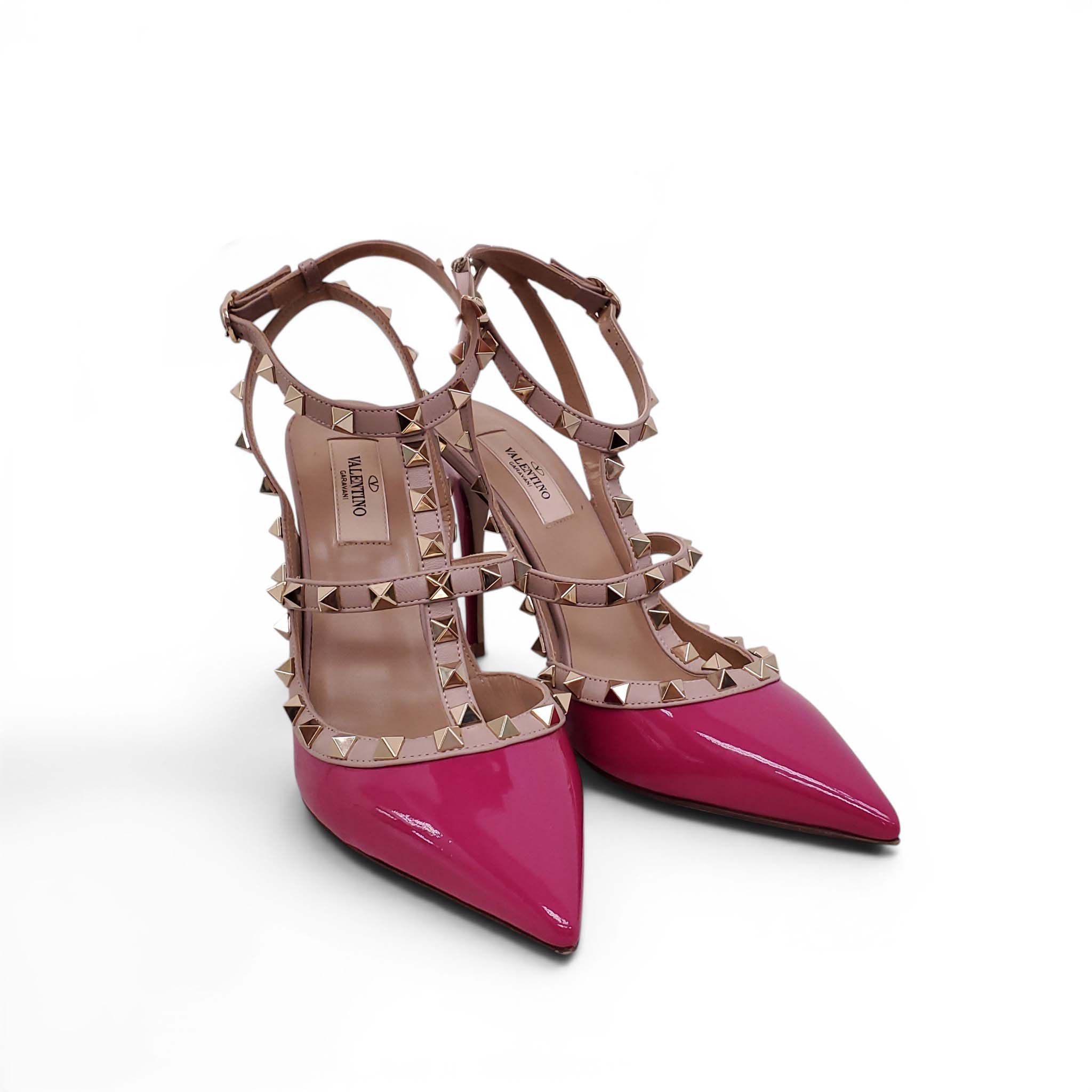 VALENTINO HOT PINK PATENT ROCKSTUD HEELS - SIZE 39