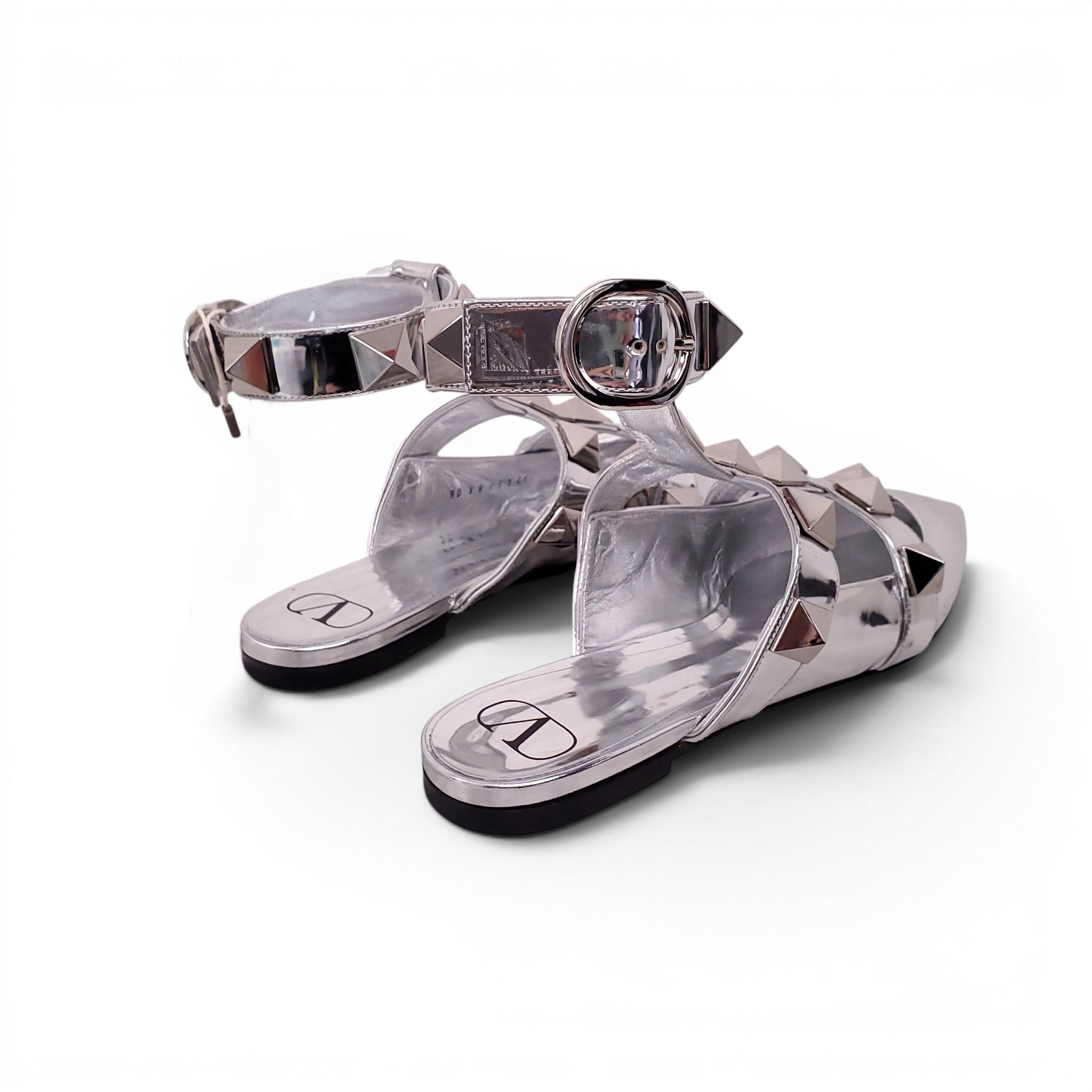 VALENTINO SILVER METALLIC ROMAN ROCKSTUD FLATS - SIZE 41