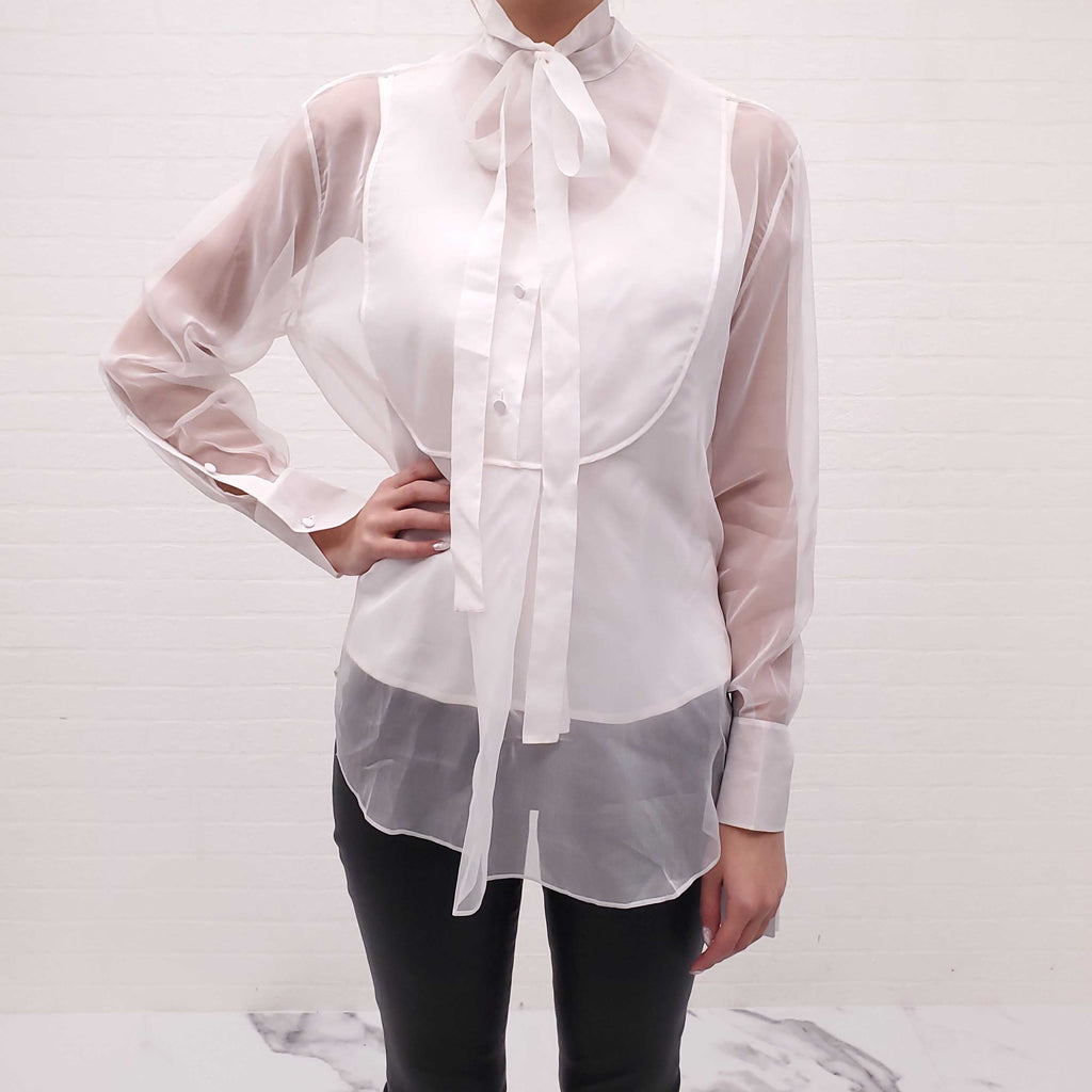 VALENTINO WHITE SHEER SILK TUXEDO BLOUSE - SIZE 40