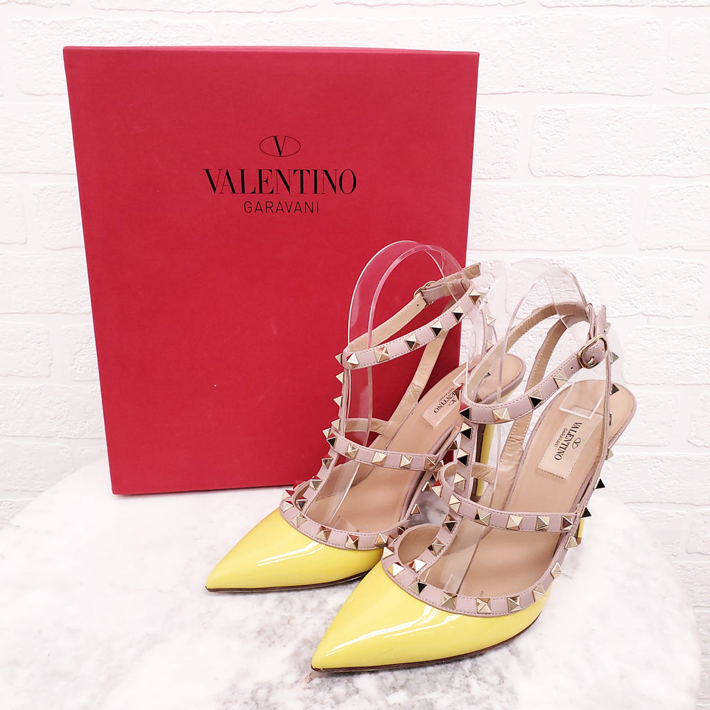 VALENTINO YELLOW PATENT ROCKSTUD HEELS - SIZE 39