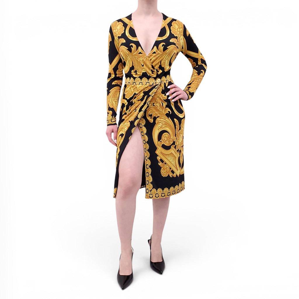 VERSACE BLACK BAROQUE PRINT JERSEY WRAP DRESS - SIZE 40