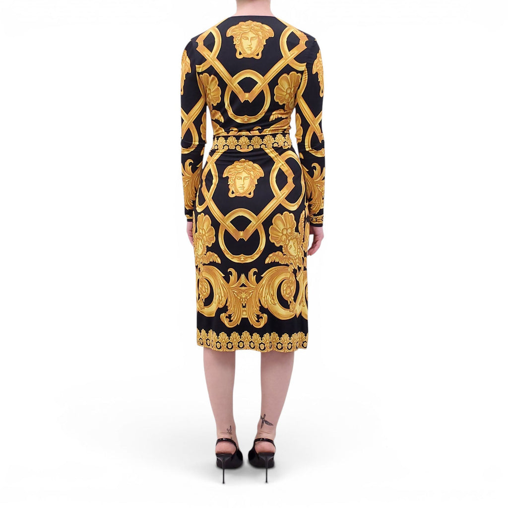 VERSACE BLACK BAROQUE PRINT JERSEY WRAP DRESS - SIZE 40