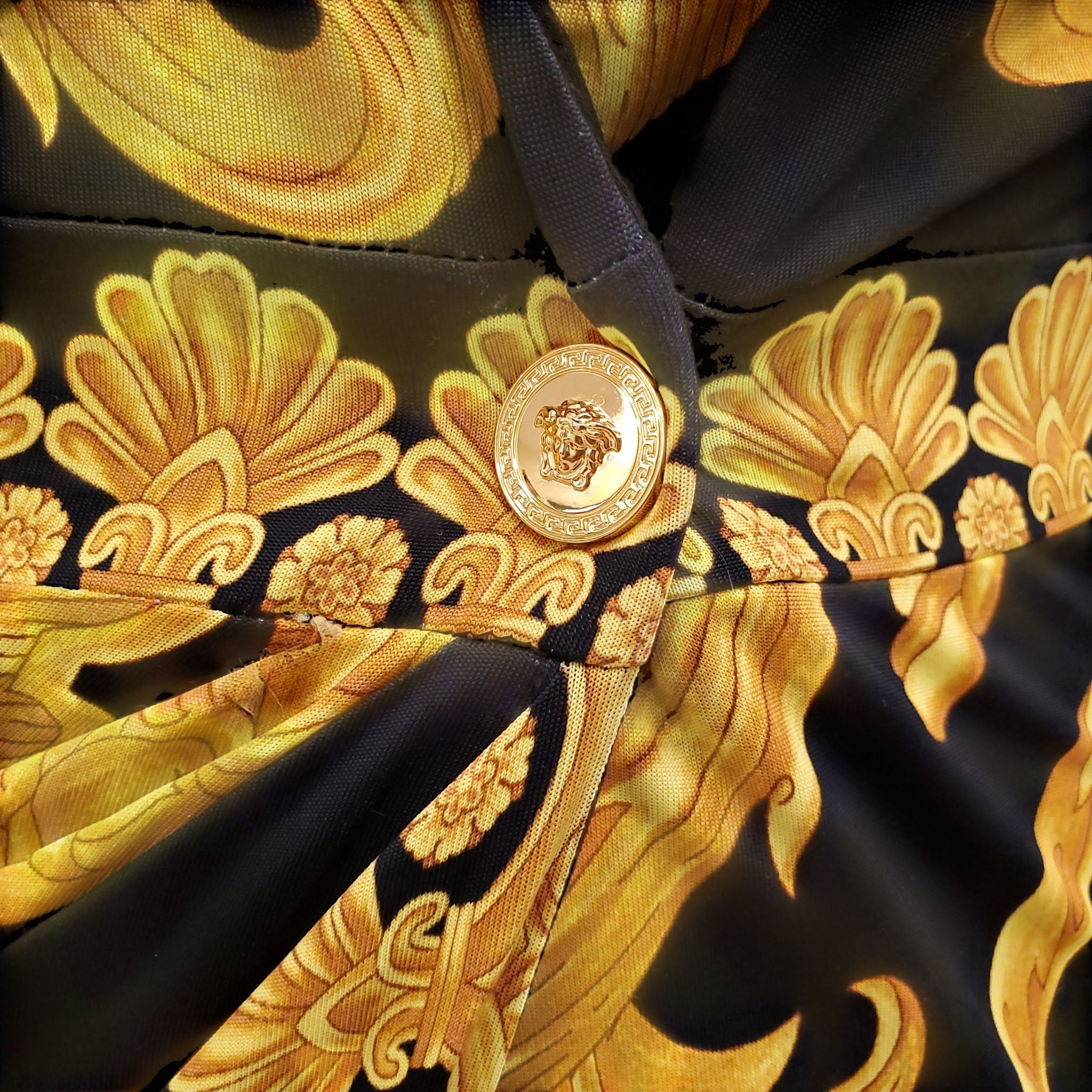 VERSACE BLACK BAROQUE PRINT JERSEY WRAP DRESS - SIZE 40