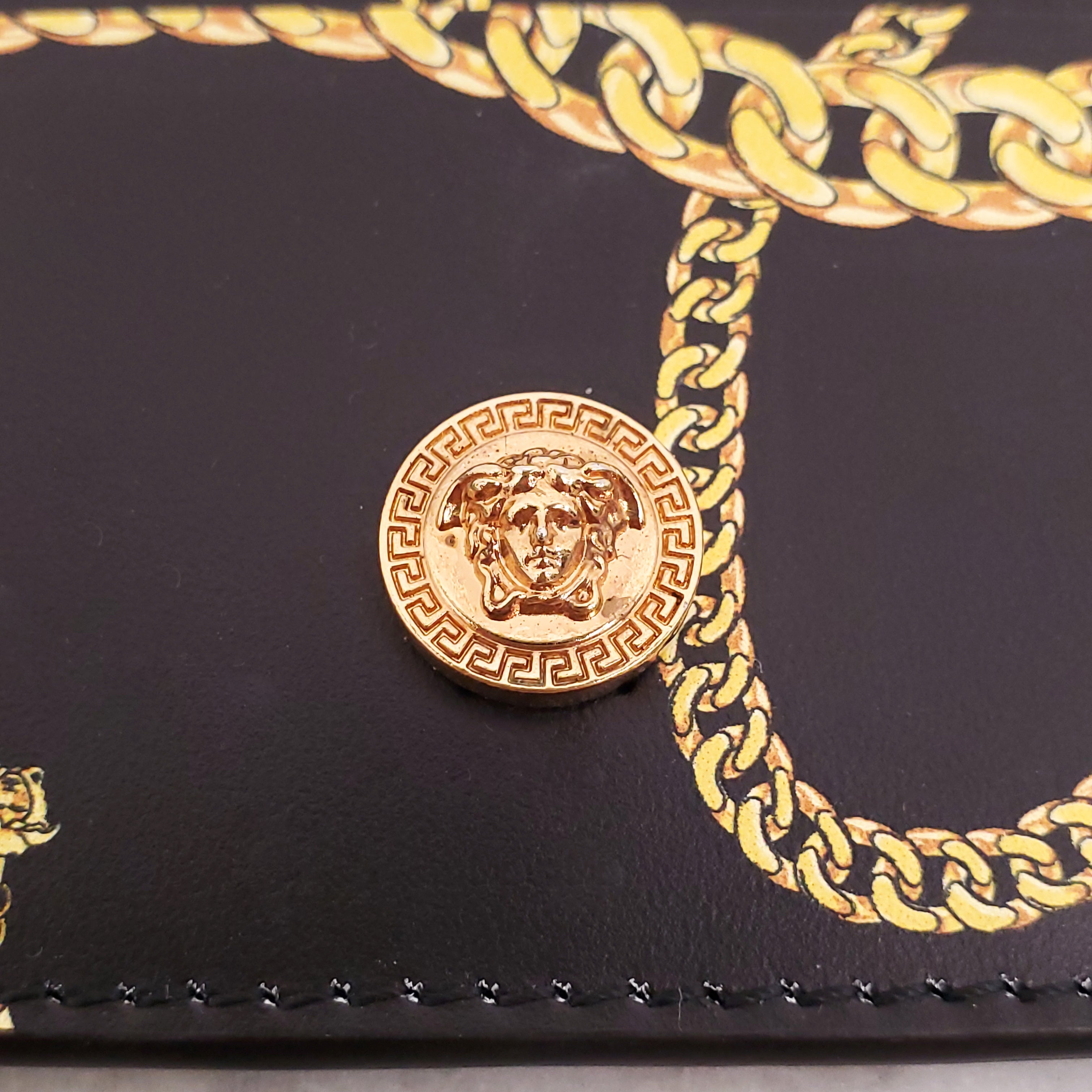 VERSACE BLACK CHAIN PRINT LEATHER CARD CASE