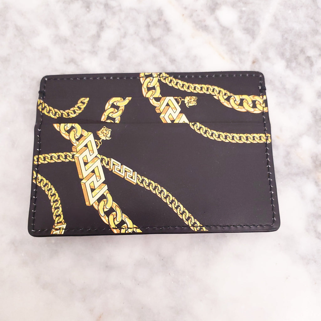 VERSACE BLACK CHAIN PRINT LEATHER CARD CASE