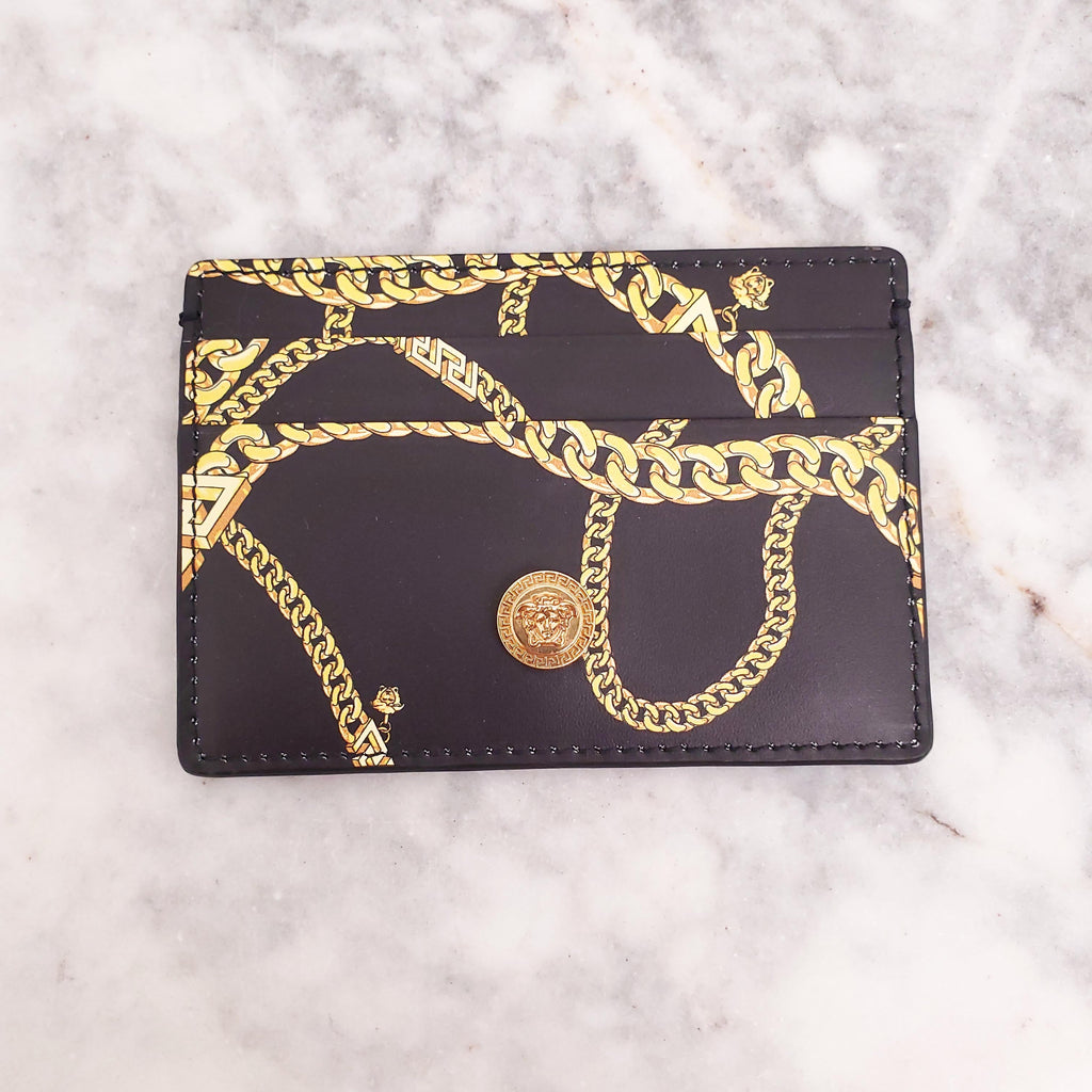 VERSACE BLACK CHAIN PRINT LEATHER CARD CASE