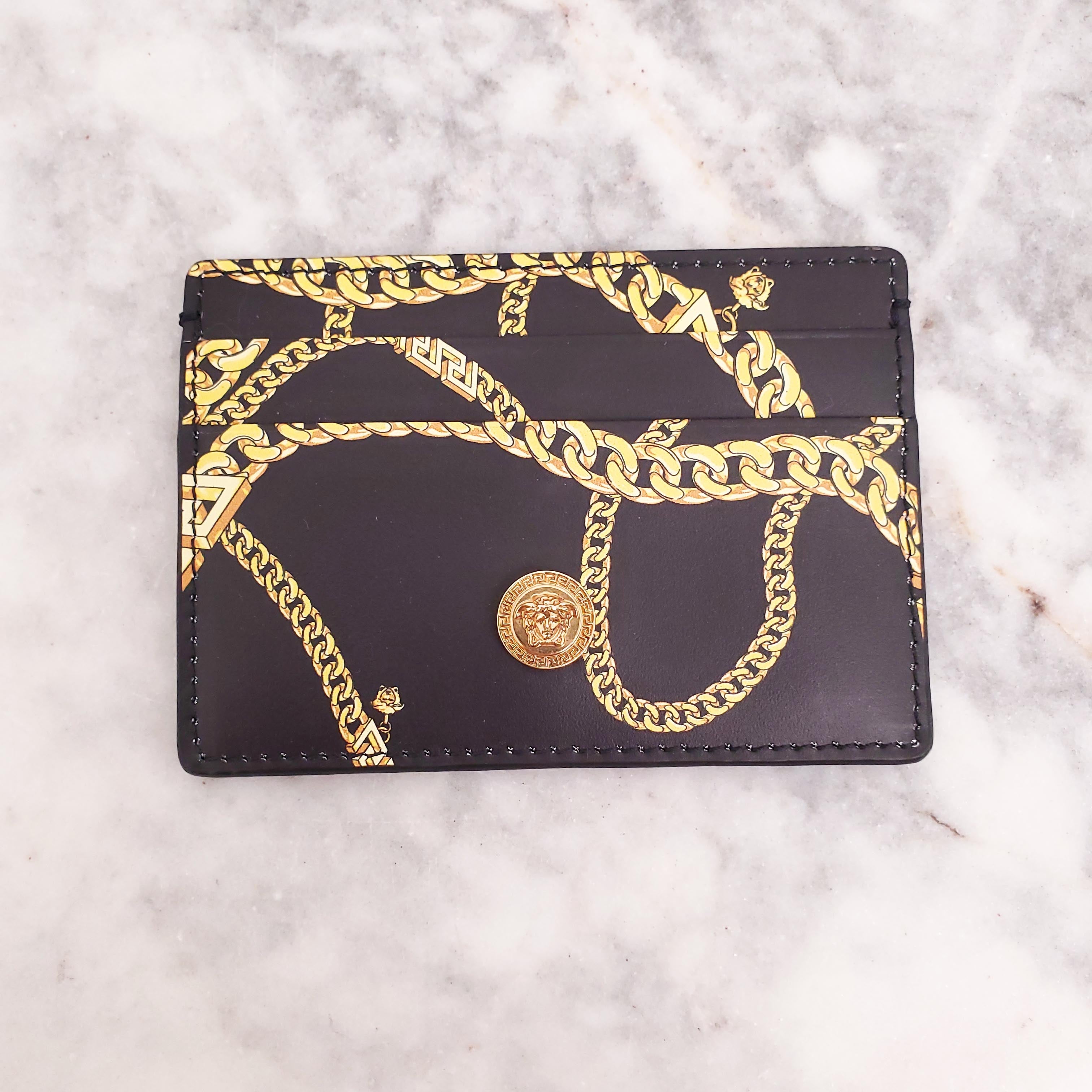 VERSACE BLACK CHAIN PRINT LEATHER CARD CASE