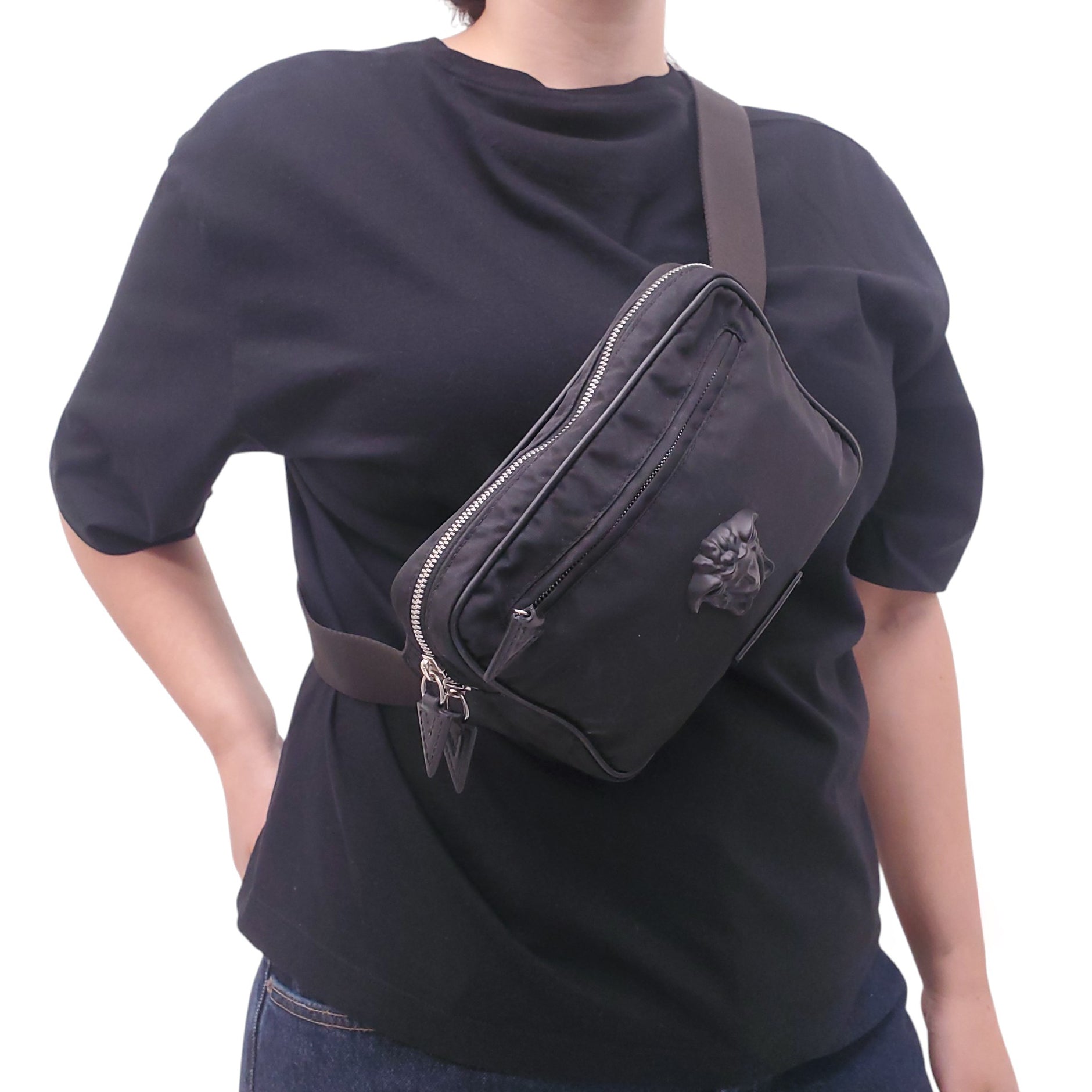 VERSACE BLACK MEDUSA EMBLEM MESSENGER BAG