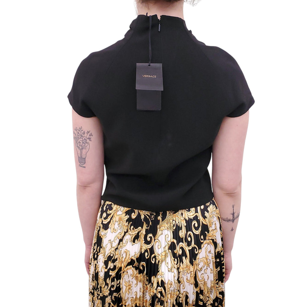 VERSACE BLACK 'CADY' DRAPED-NECK TOP - SIZE 40