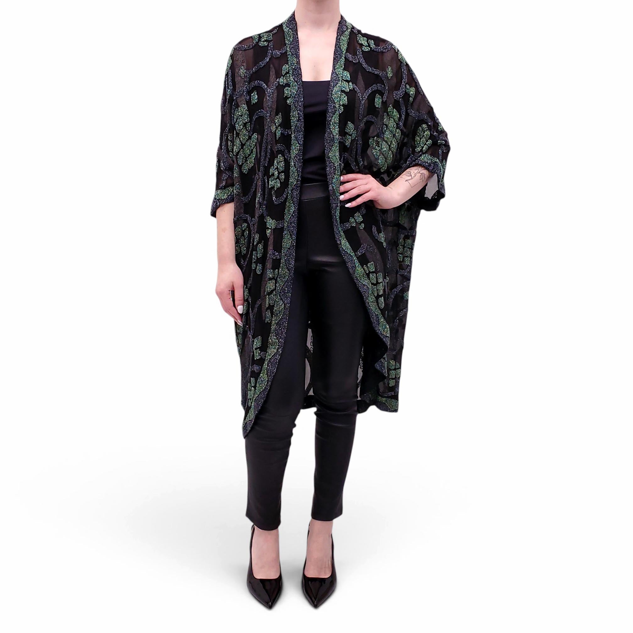VINTAGE BLACK SHEER CARDIGAN WITH GREEN AND PURPLE BEADING - SIZE L