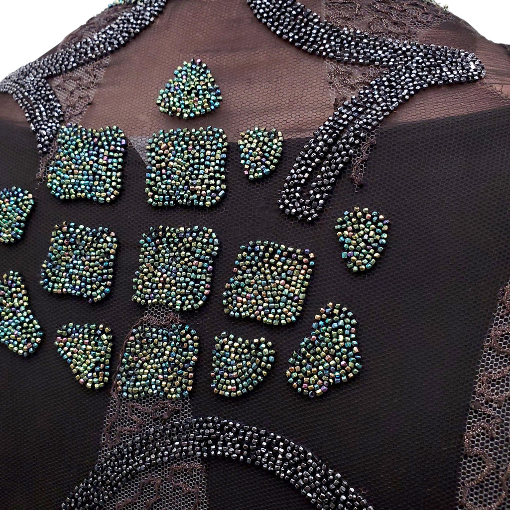 VINTAGE BLACK SHEER CARDIGAN WITH GREEN AND PURPLE BEADING - SIZE L