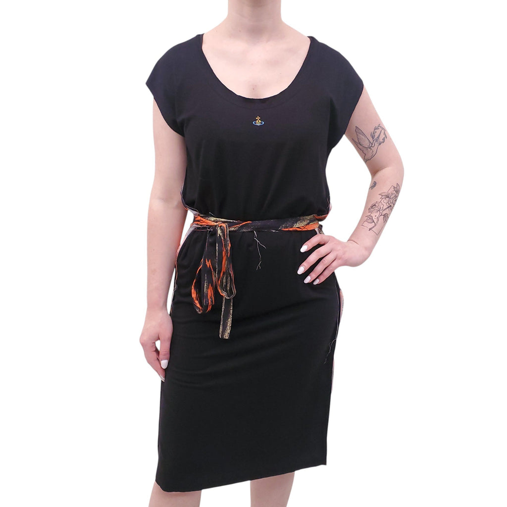 VIVIENNE WESTWOOD BLACK AND ORANGE PATTERNED DRESS WITH TIE DETAIL - SIZE M